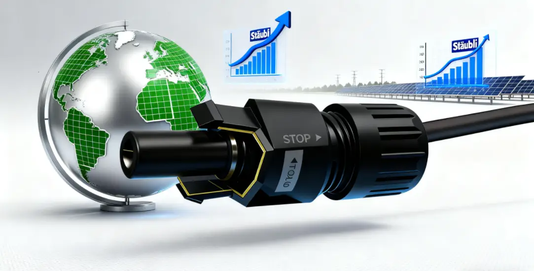 PV connector in front of green globe and solar farm growth charts