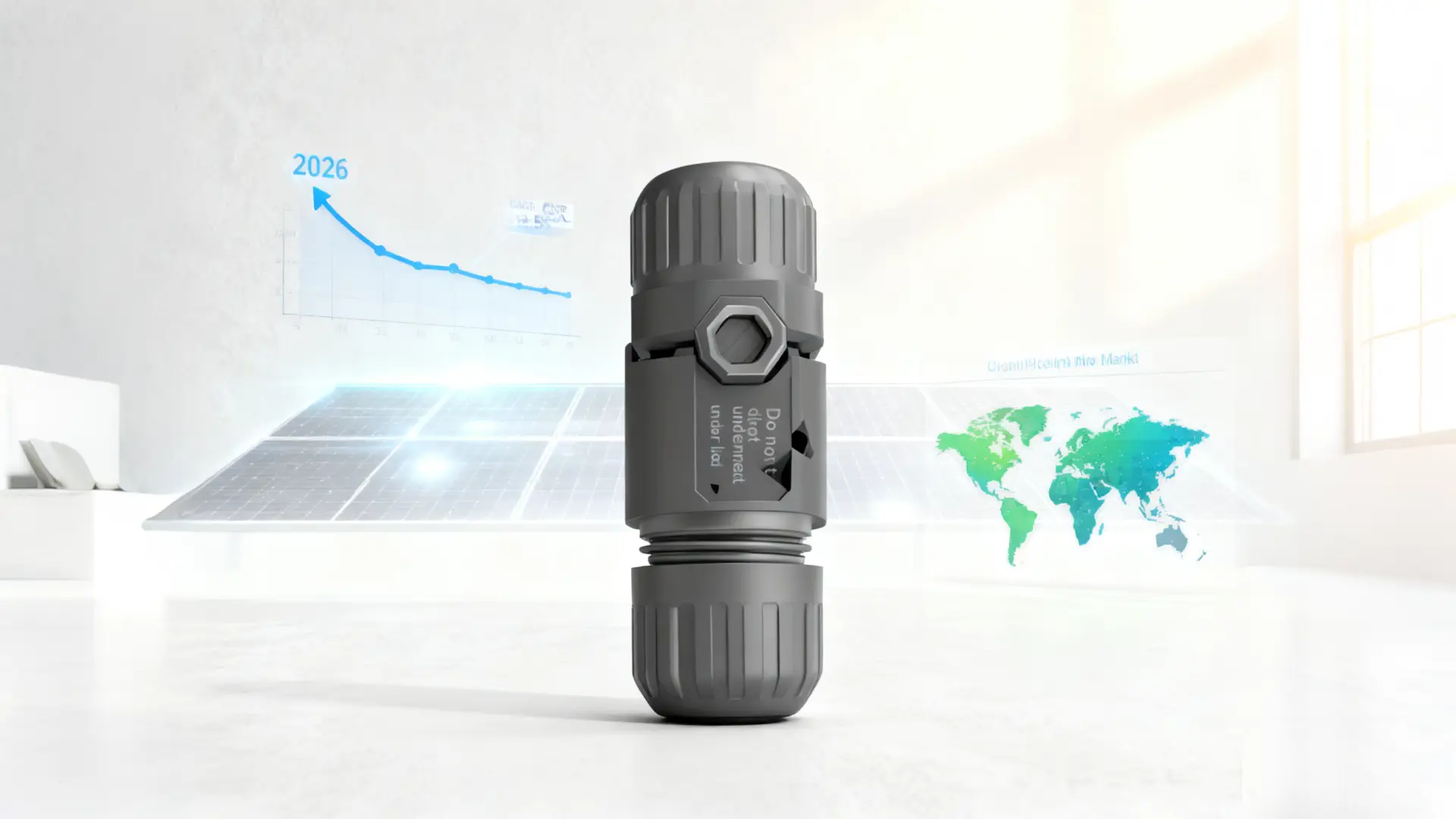 PV inline connector in bright lab with solar panel and growth charts