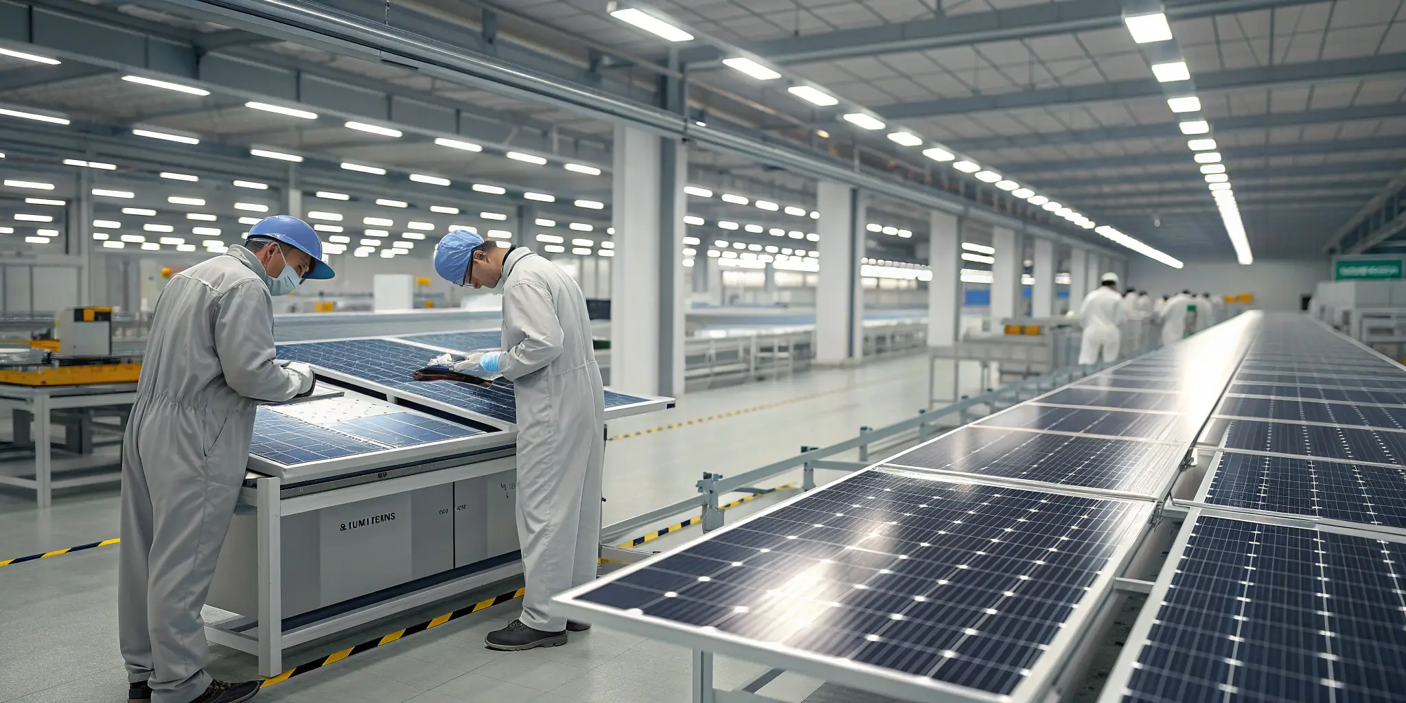 solar panel quality inspection, workers testing PV modules on production line