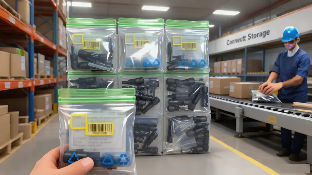 Staubli solar connectors packed in labeled zip bags in warehouse