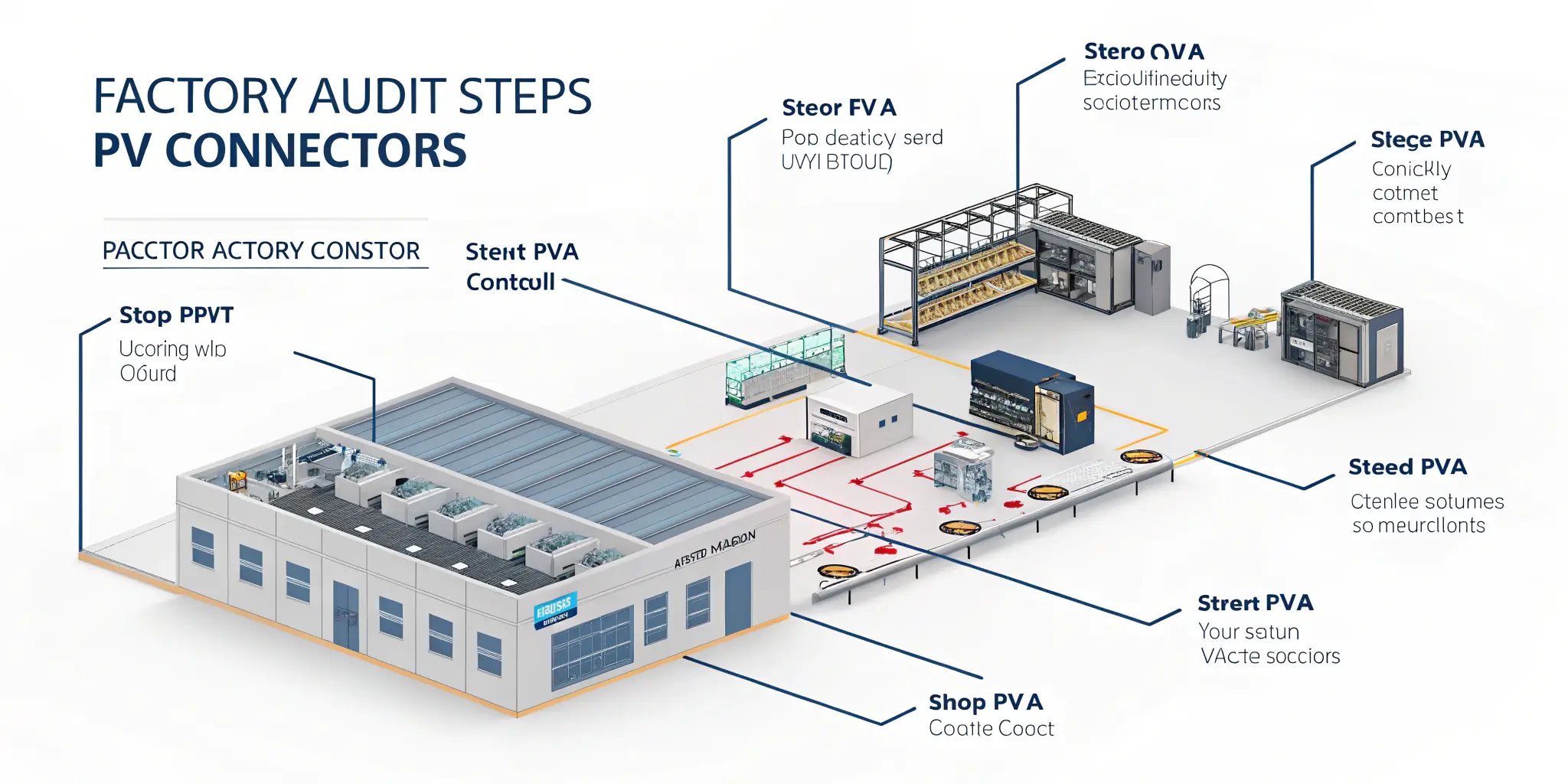 Factory audit steps infographic for PV connector production workflow