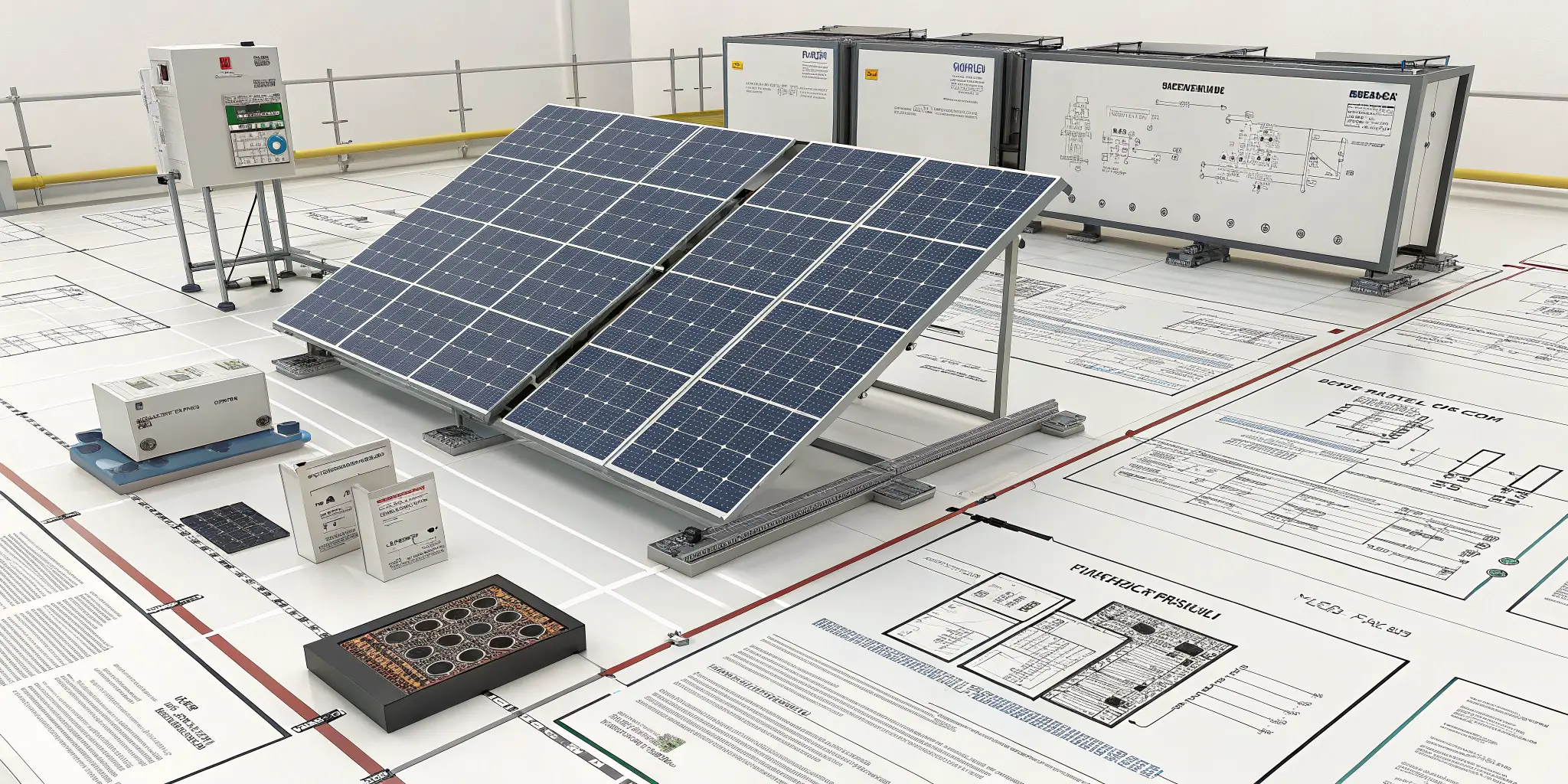 Solar PV testing setup with panels, inverters, and electrical schematics in a laboratory environment