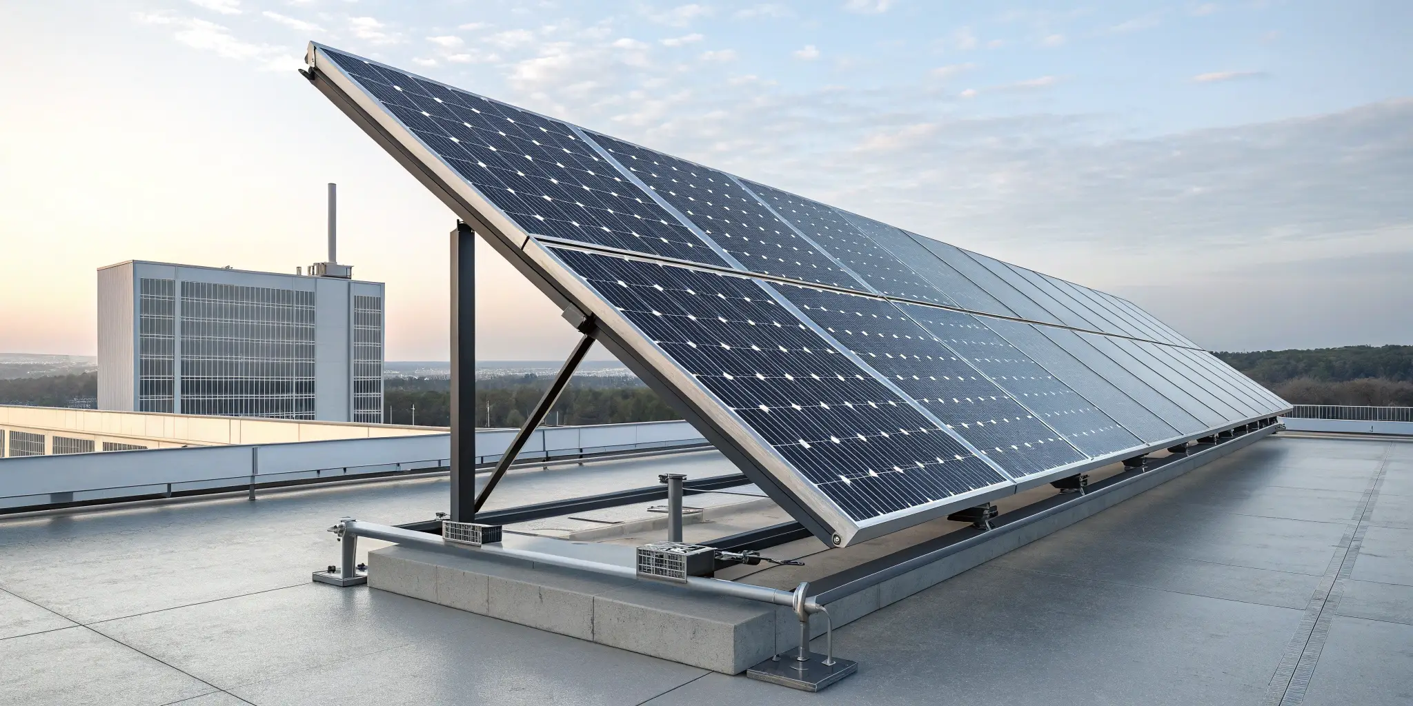 Isometric illustration of solar panel manufacturing facility with rooftop array and ground-mounted modules