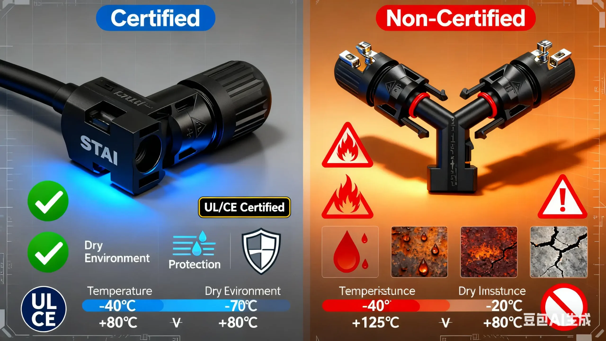 Certified MC4 connector versus unsafe non certified solar connector comparison graphic