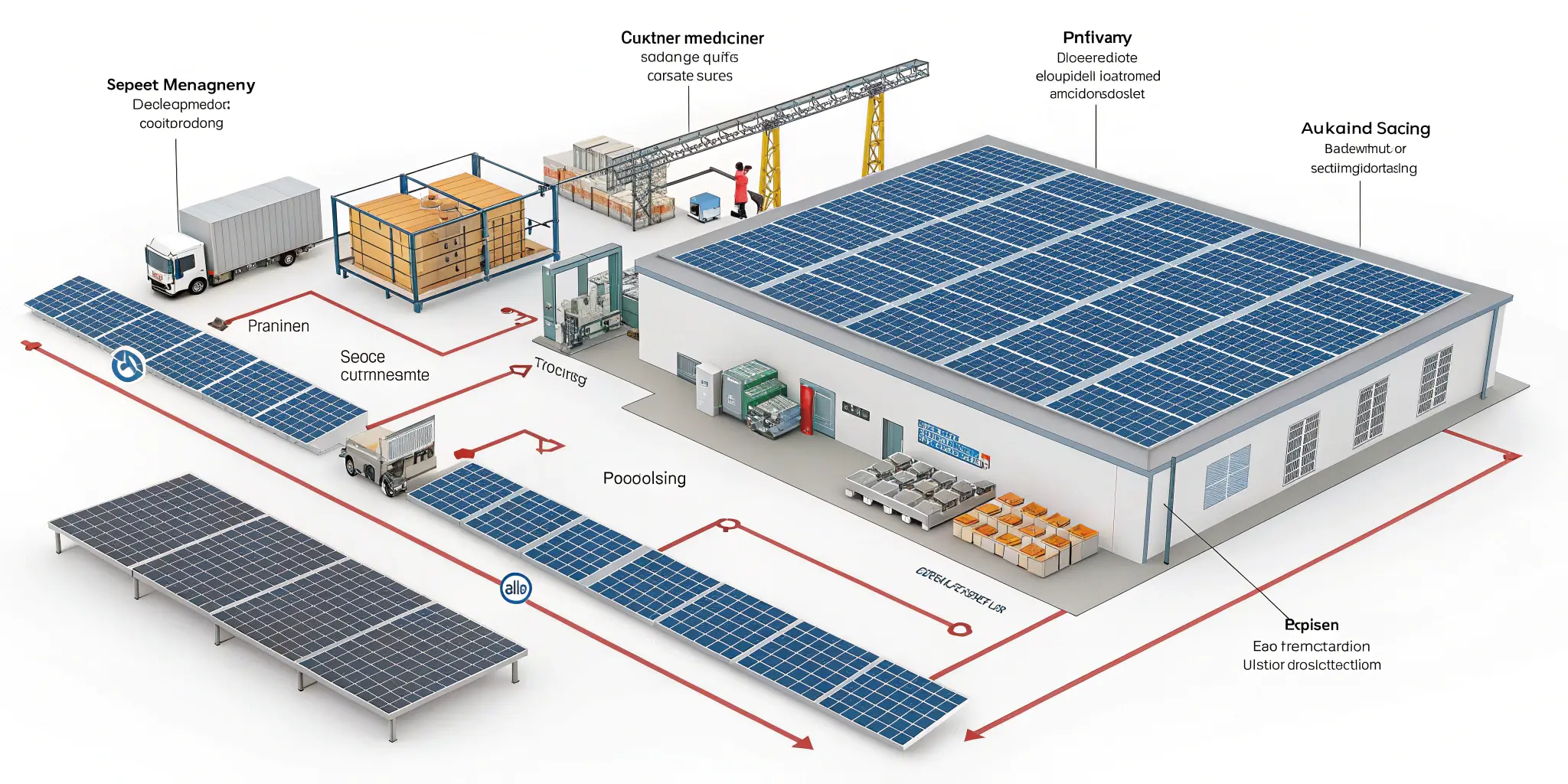 Solar panel manufacturing workflow showing production lines, logistics flow, and rooftop PV installation