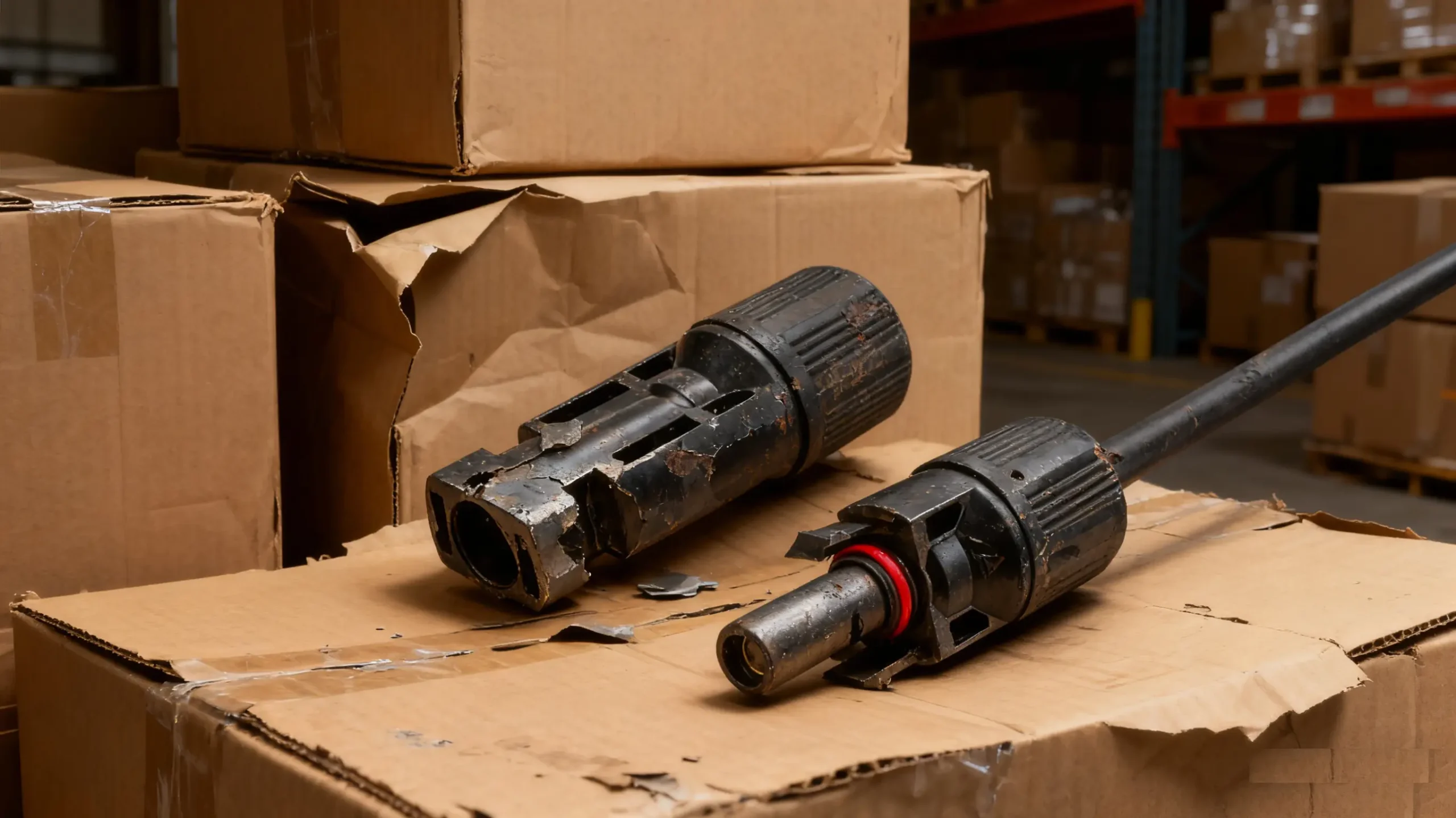 Severely damaged MC4 connectors lying on crushed cardboard boxes in warehouse