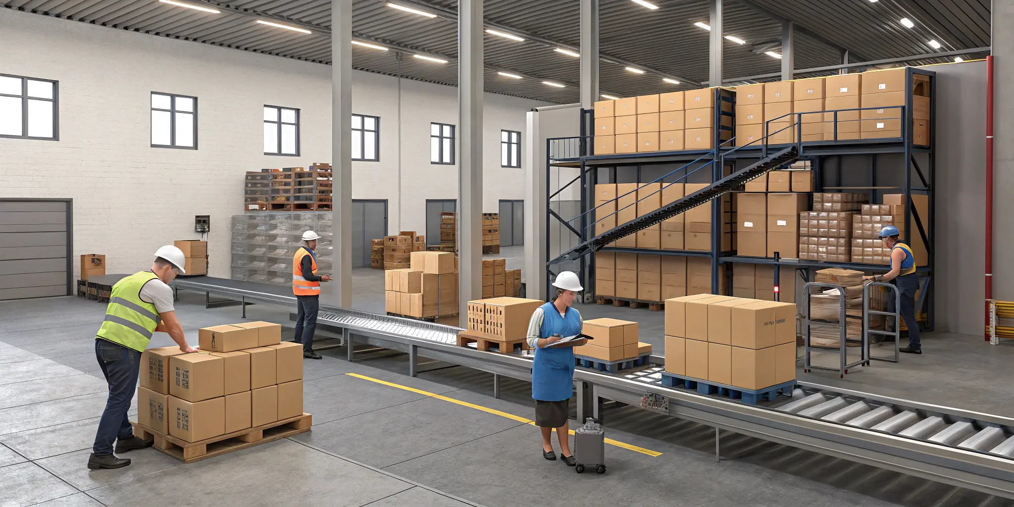 Warehouse workers handling boxes on conveyor line