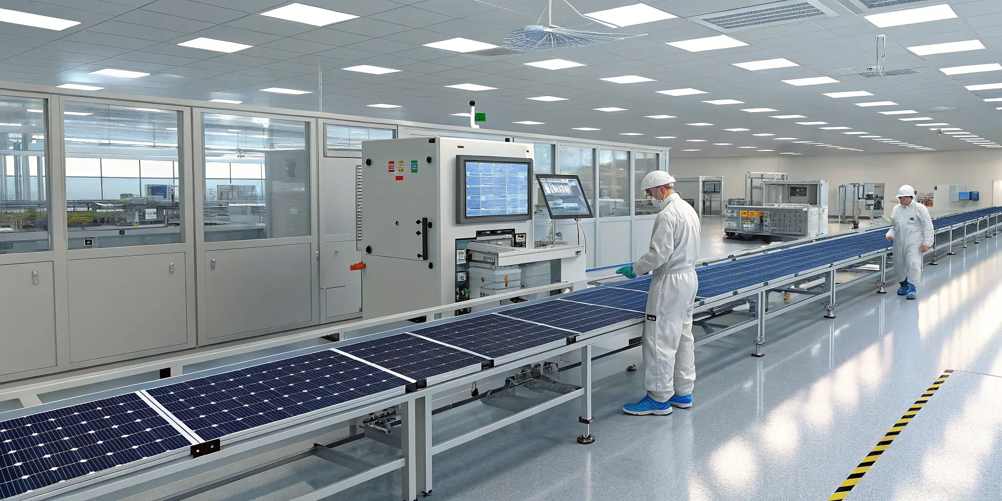 solar panel production line, automated PV module assembly in clean factory
