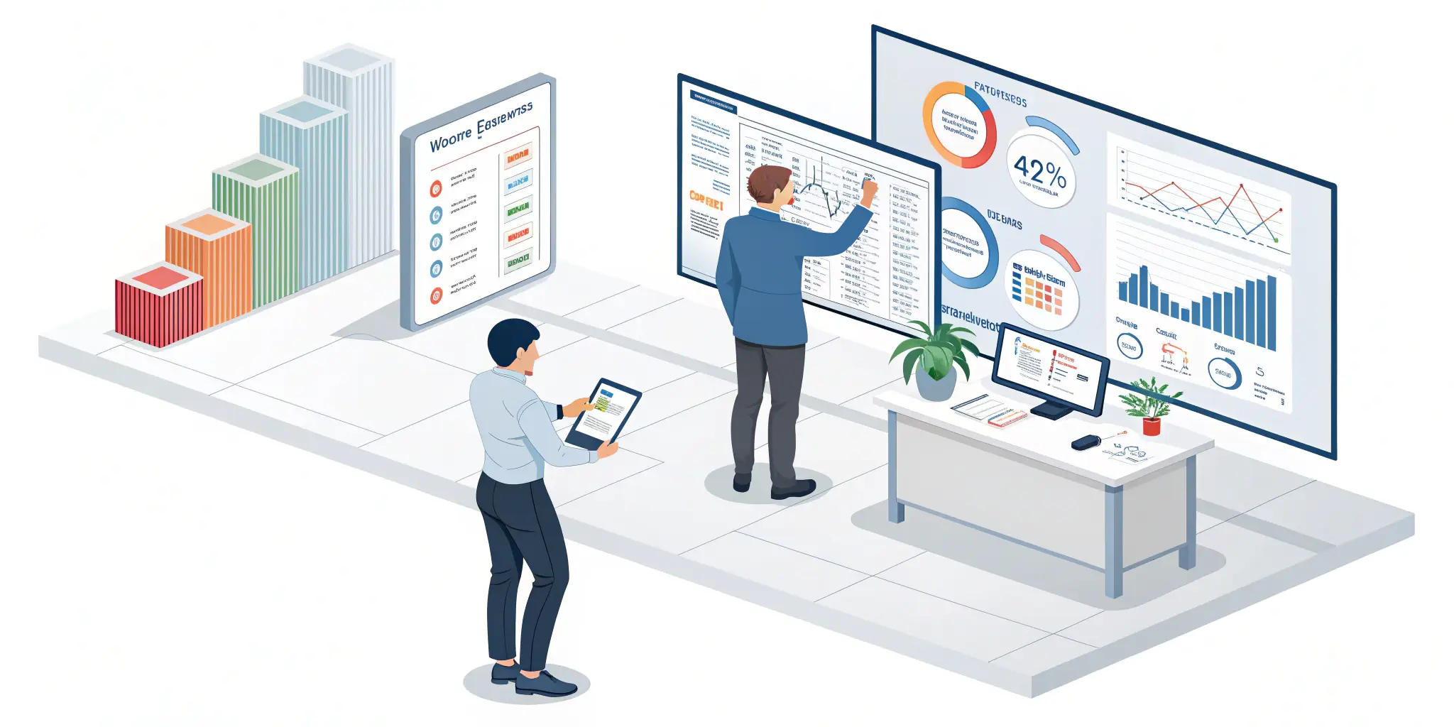 Business team analyzing data analytics dashboard with performance charts in office