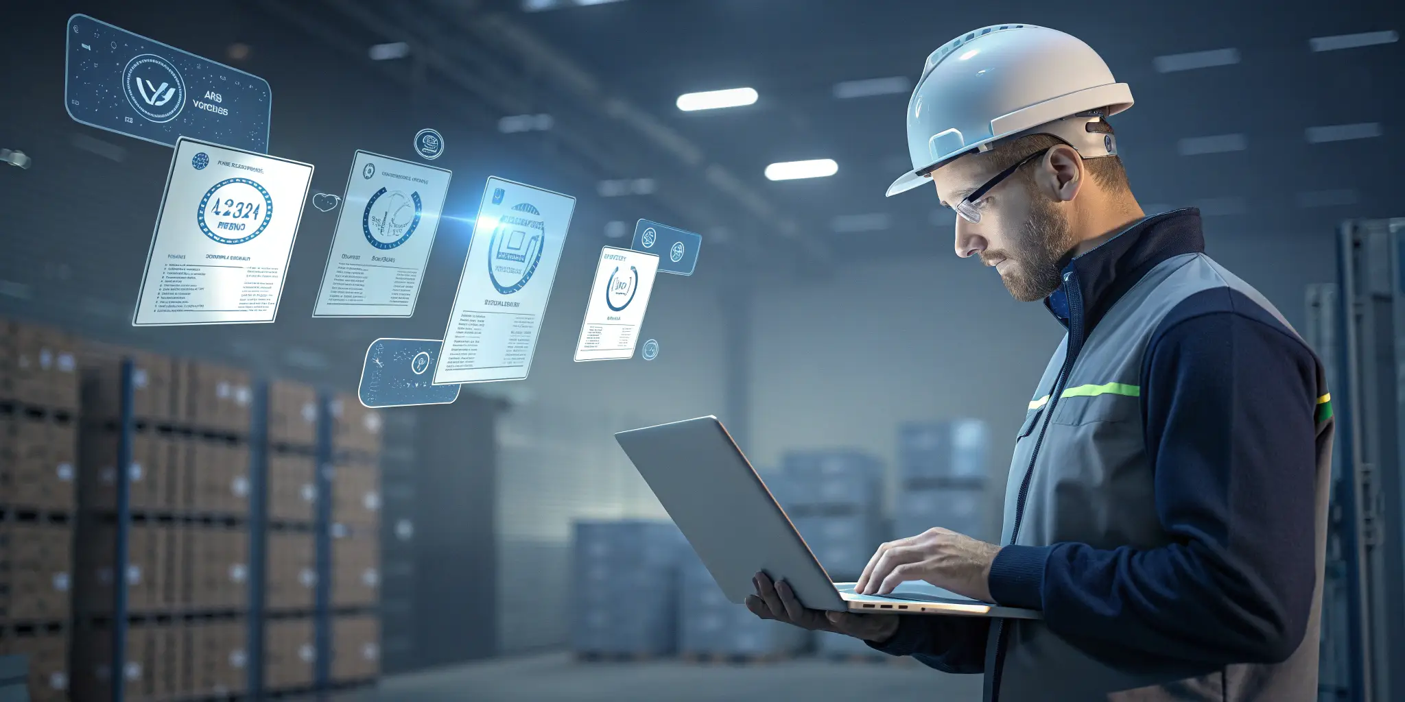 Warehouse engineer using laptop with floating digital dashboards for quality analytics