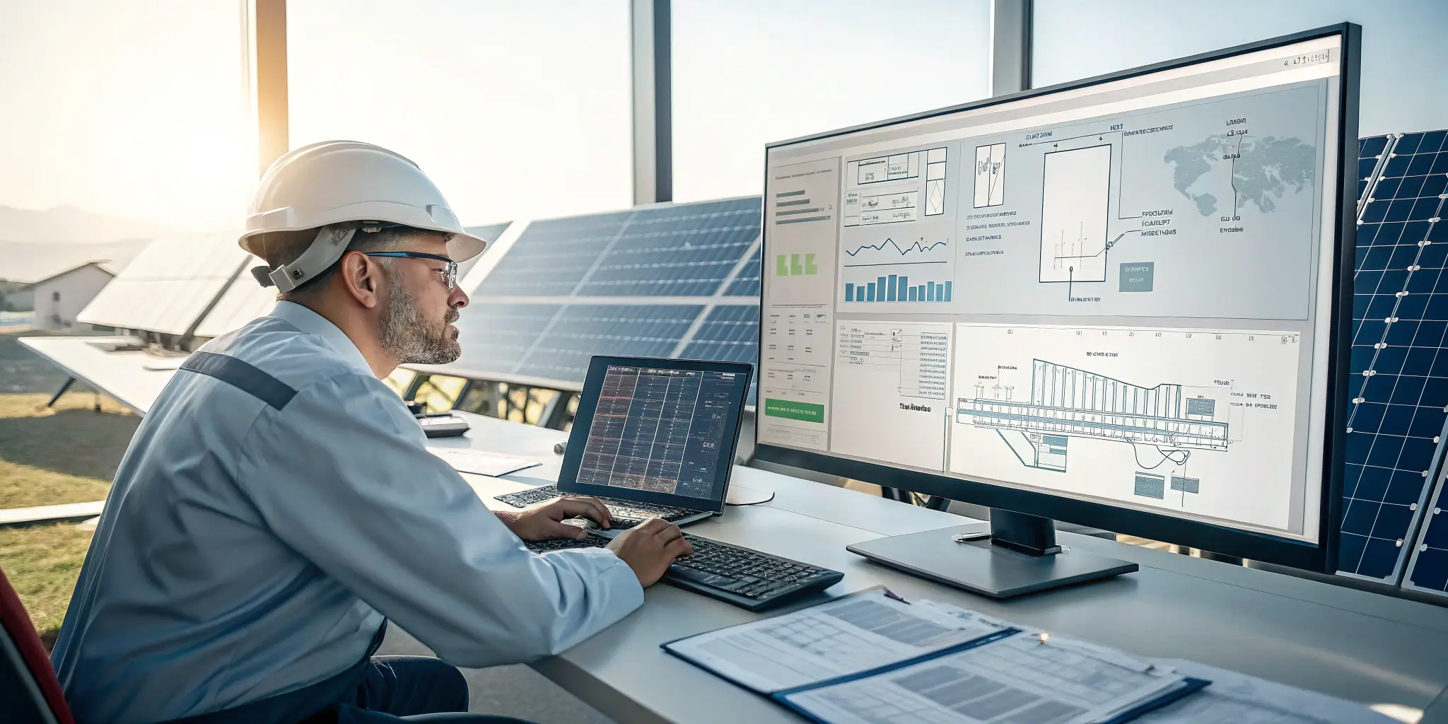 Engineer monitoring real-time solar plant performance dashboards on computer in control room