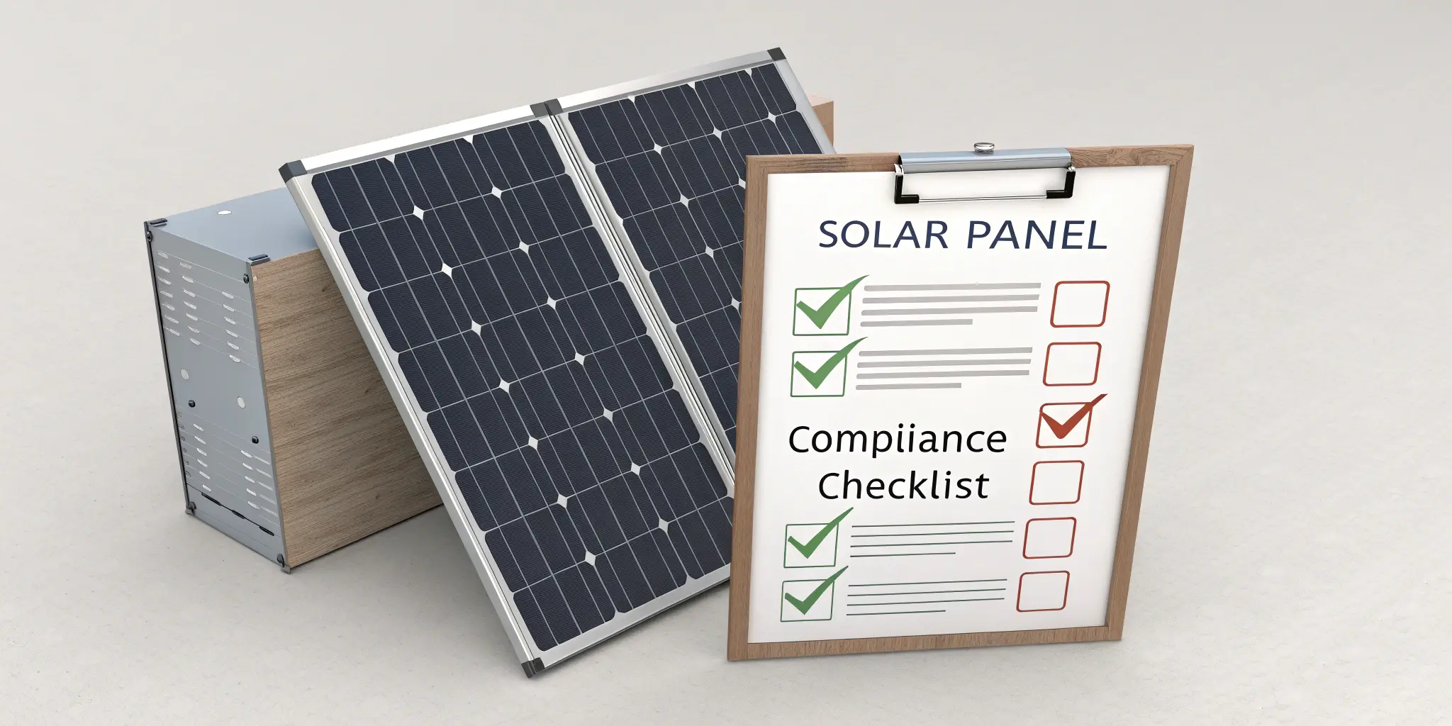 Solar panel with compliance checklist clipboard showing passed regulatory checks