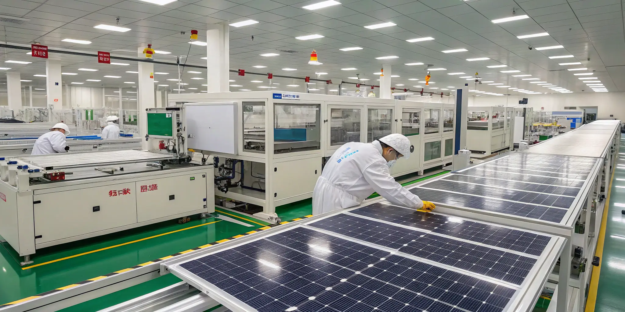 Automated solar module production line with technicians working in cleanroom factory
