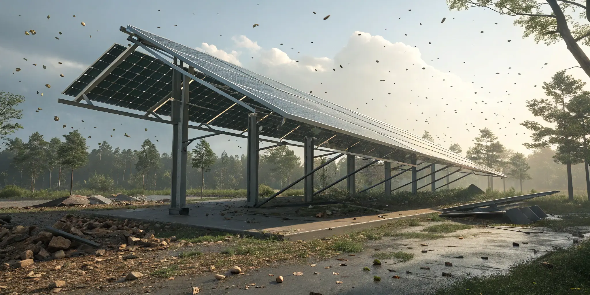 Ground mounted solar panel structure damaged by strong wind and flying debris in outdoor environment