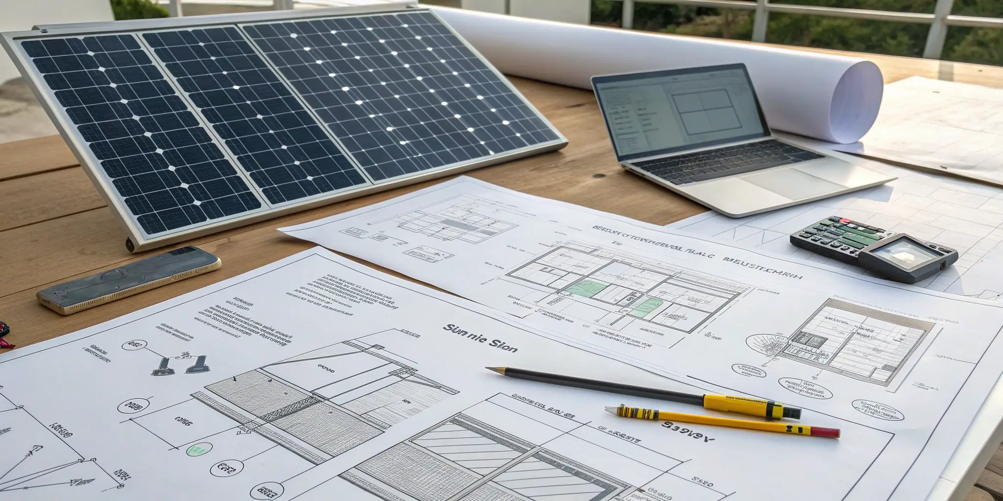 solar system design desk, solar panel and architectural plans on outdoor workspace