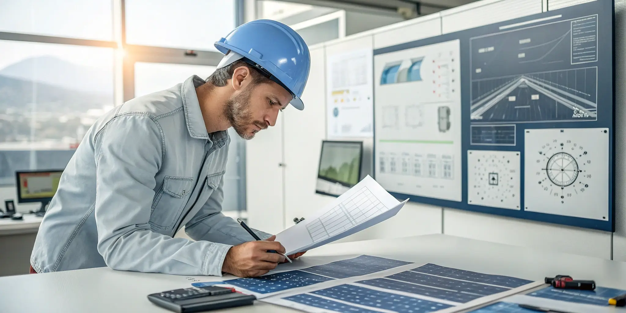 solar engineer inspection, technician checking solar panel drawings in design lab