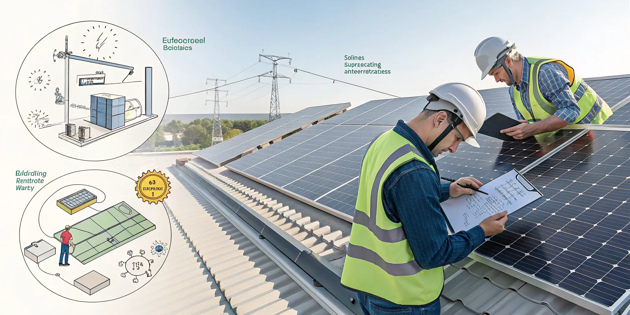 Technicians performing rooftop solar panel inspection with illustrated maintenance workflow diagram