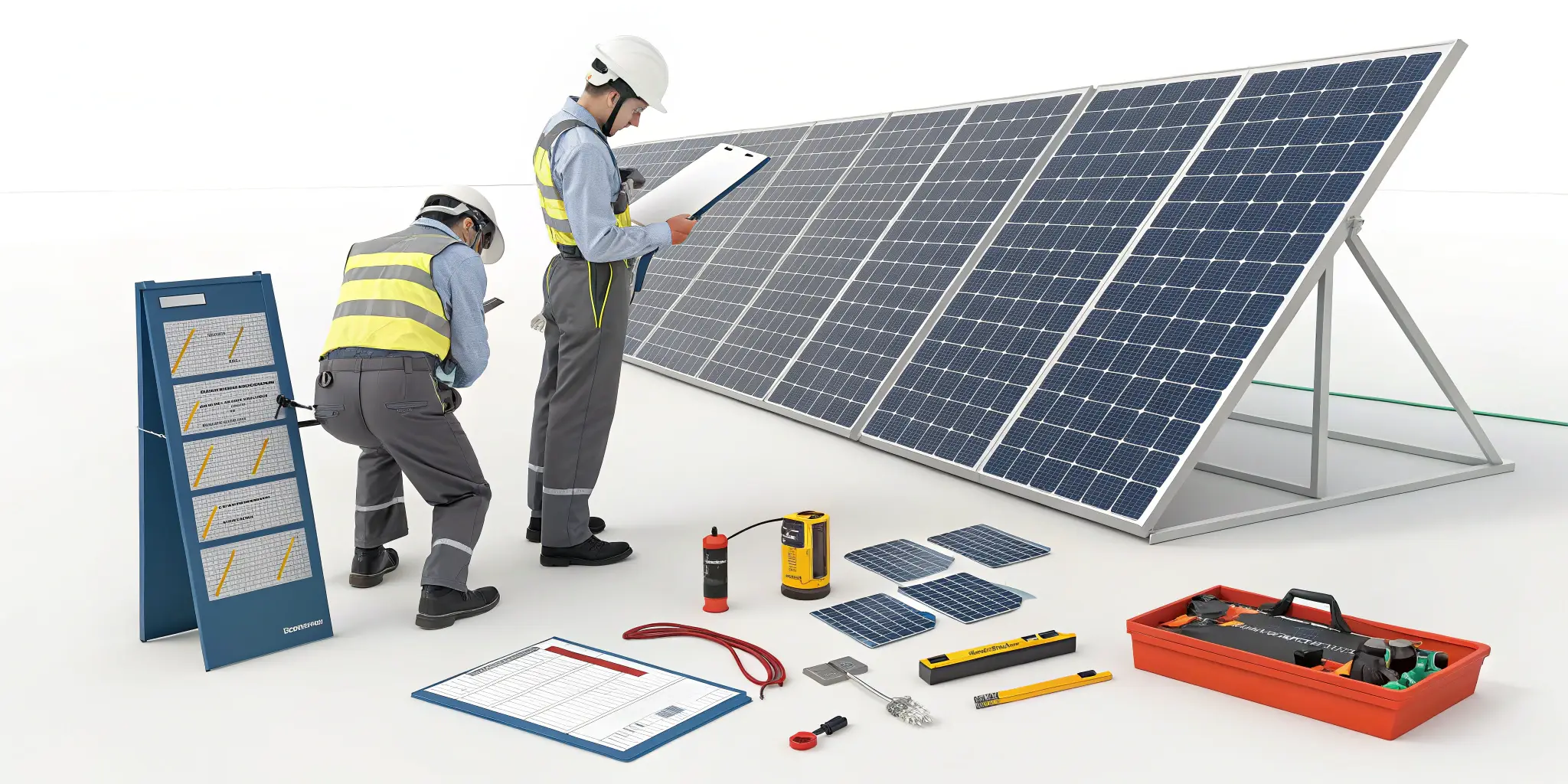 Two technicians inspecting and testing ground-mounted solar panels with tools and checklist
