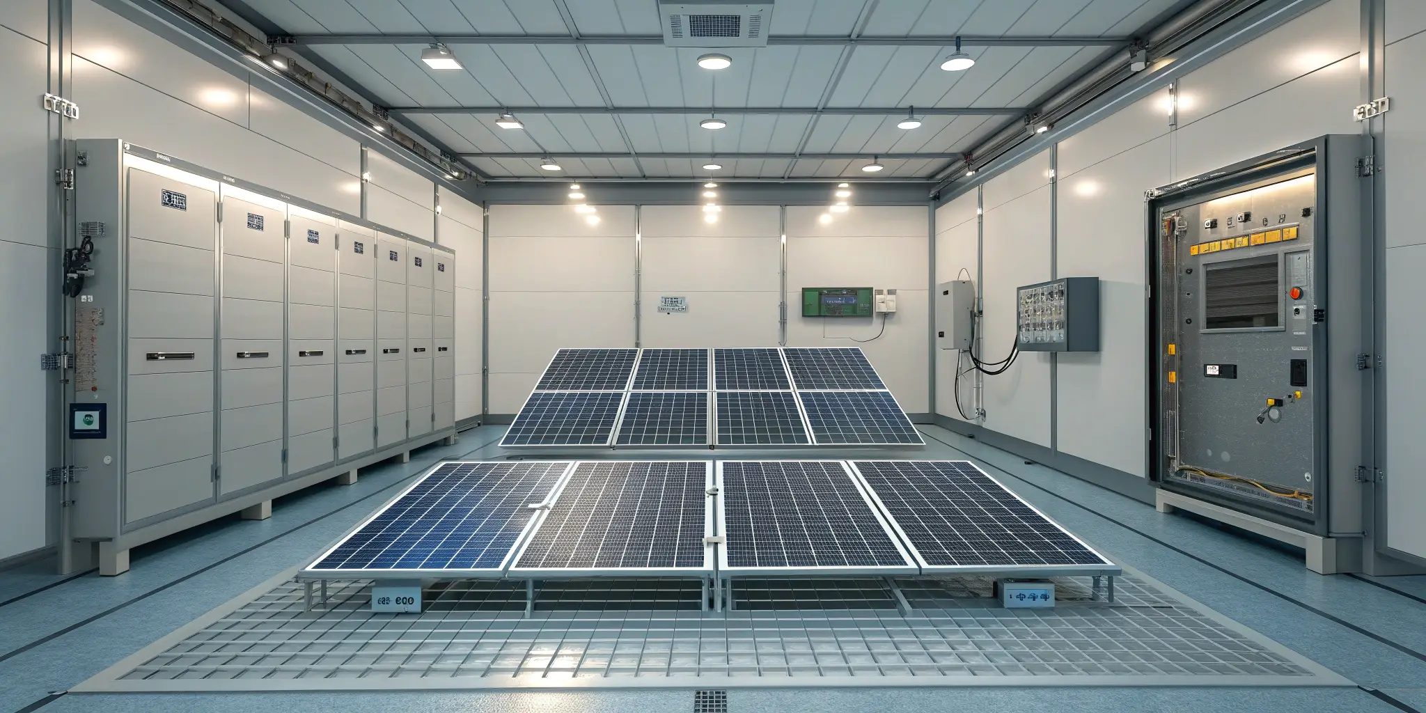 Indoor solar panel testing laboratory with control cabinets, monitoring systems, and photovoltaic modules