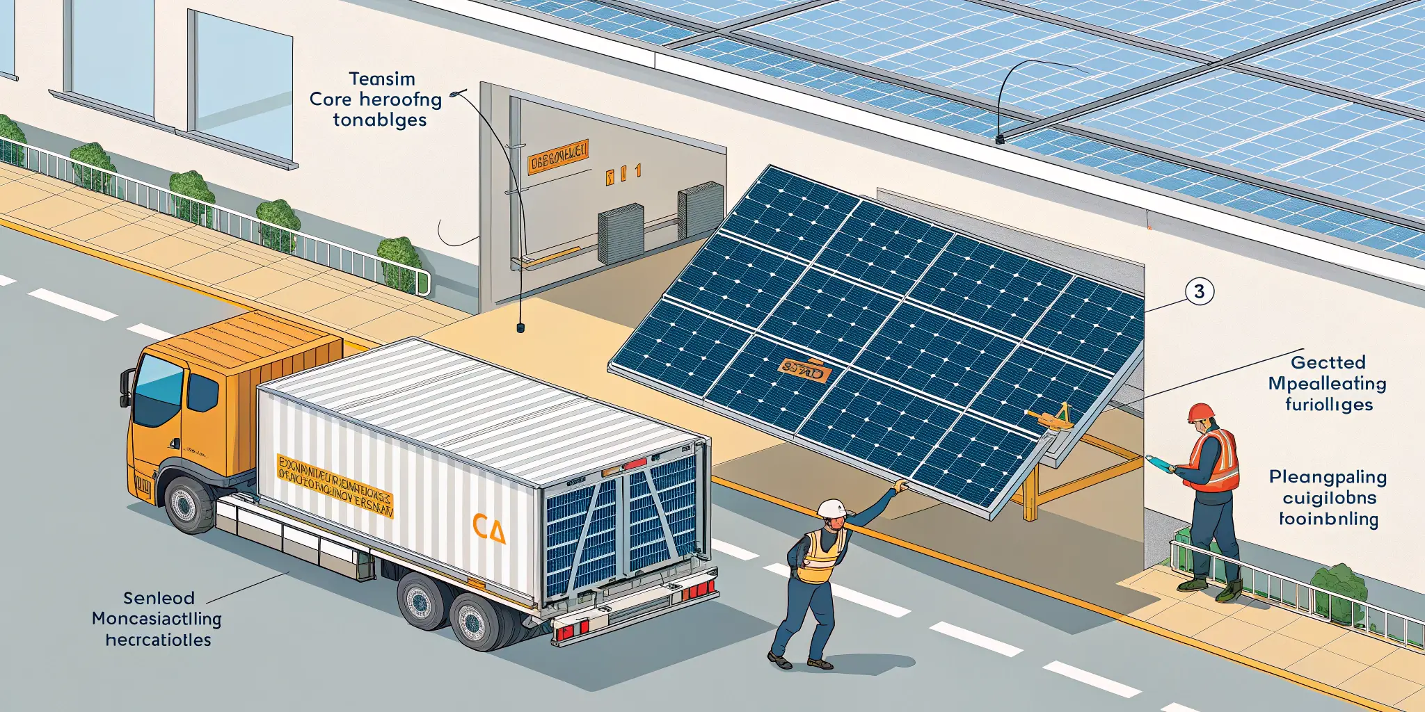 Workers unloading solar panels from truck and installing on building with testing equipment