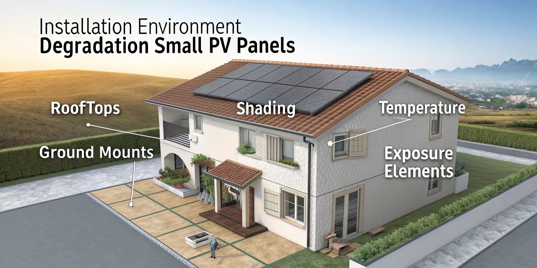 3D illustration of house rooftop solar panels and environmental factors causing PV degradation