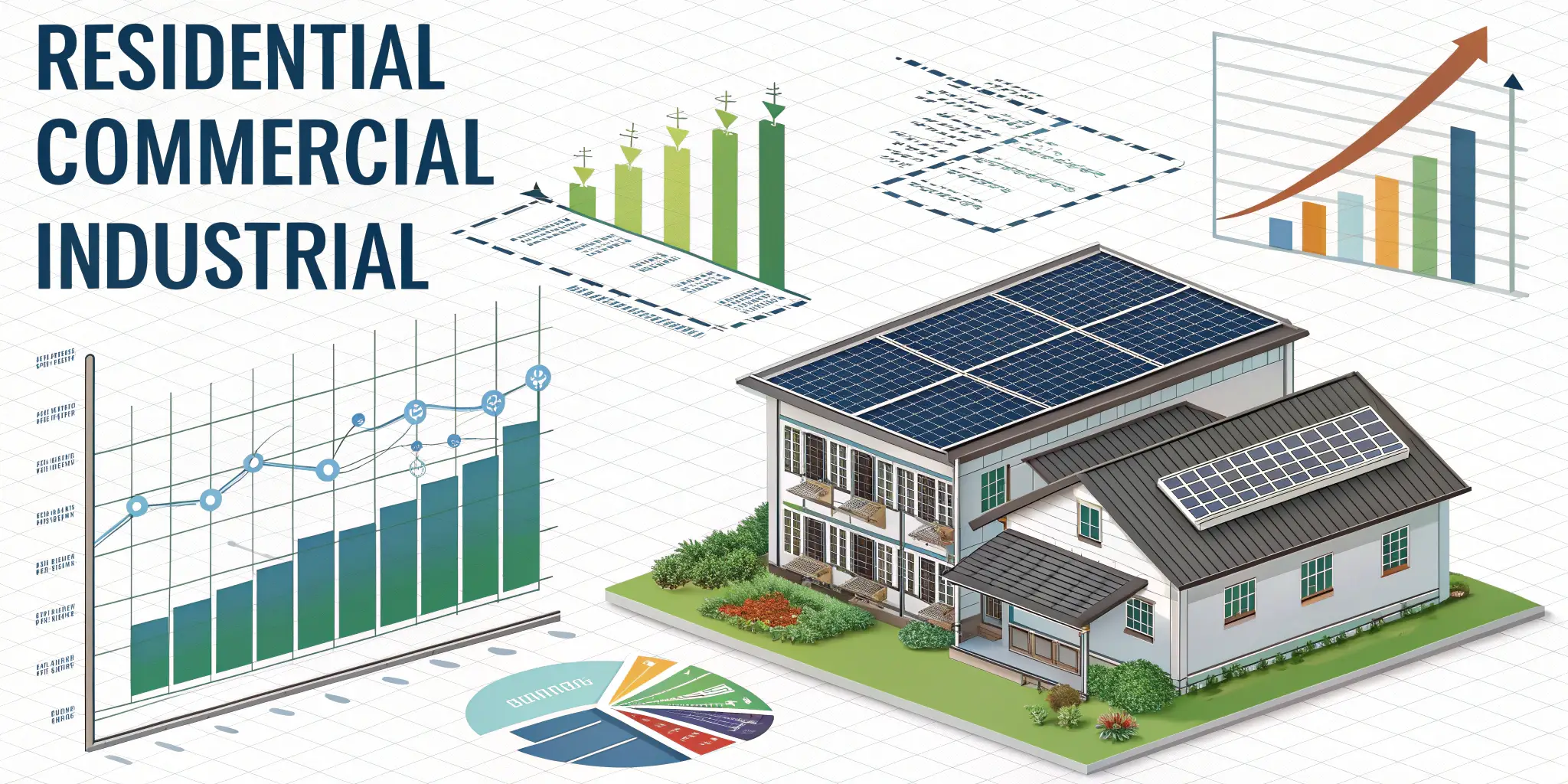 3D illustration of solar powered residential commercial industrial building with performance charts