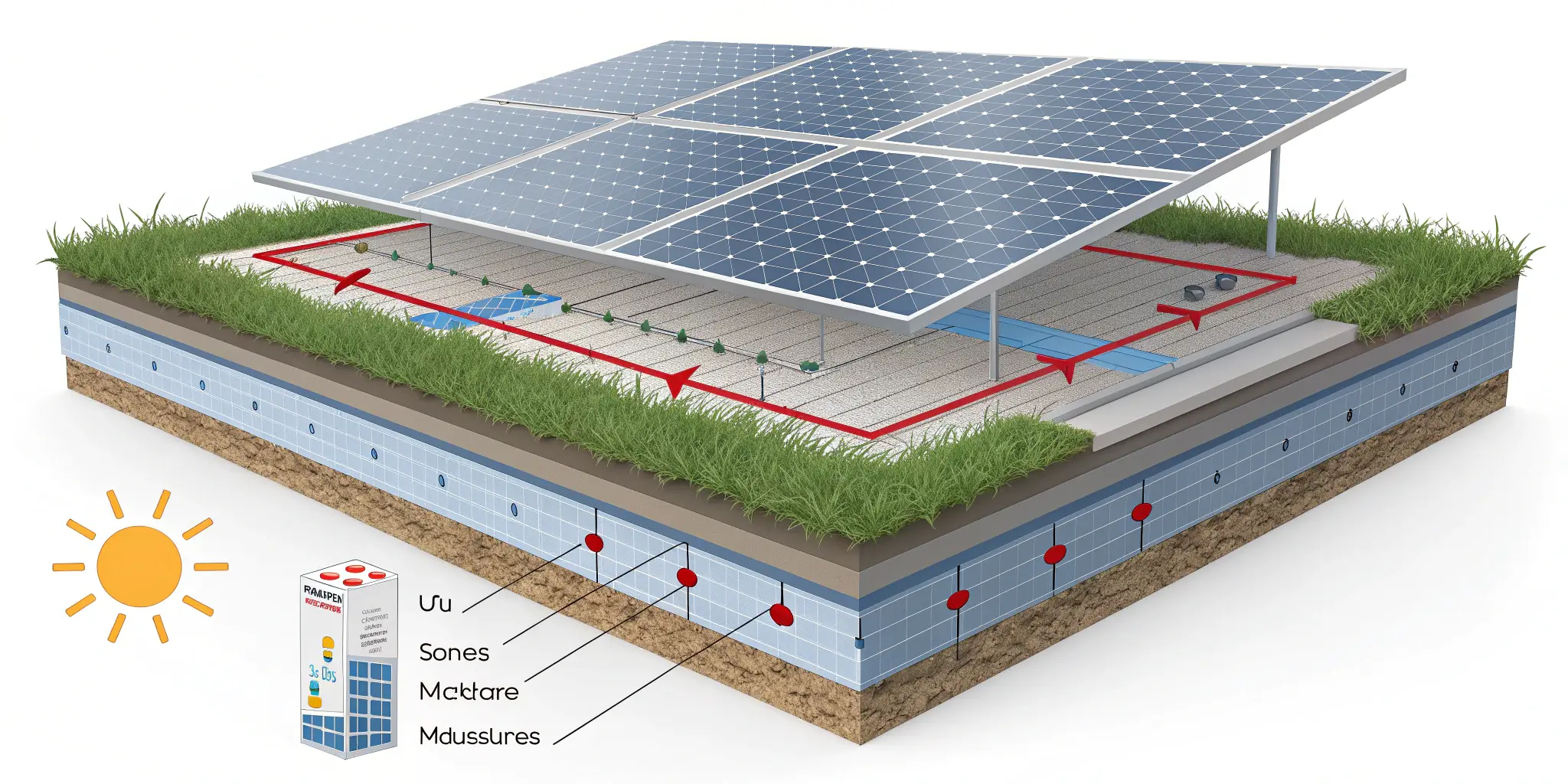 3D cutaway of rooftop solar panels with UTE insulation and monitoring system on green roof