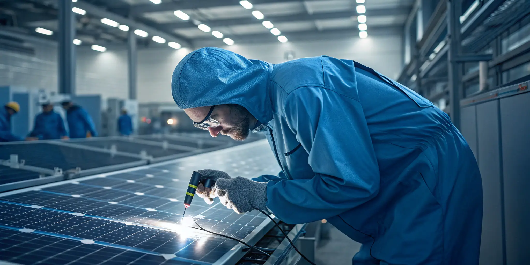Worker in protective suit welding solar panels in factory assembly line