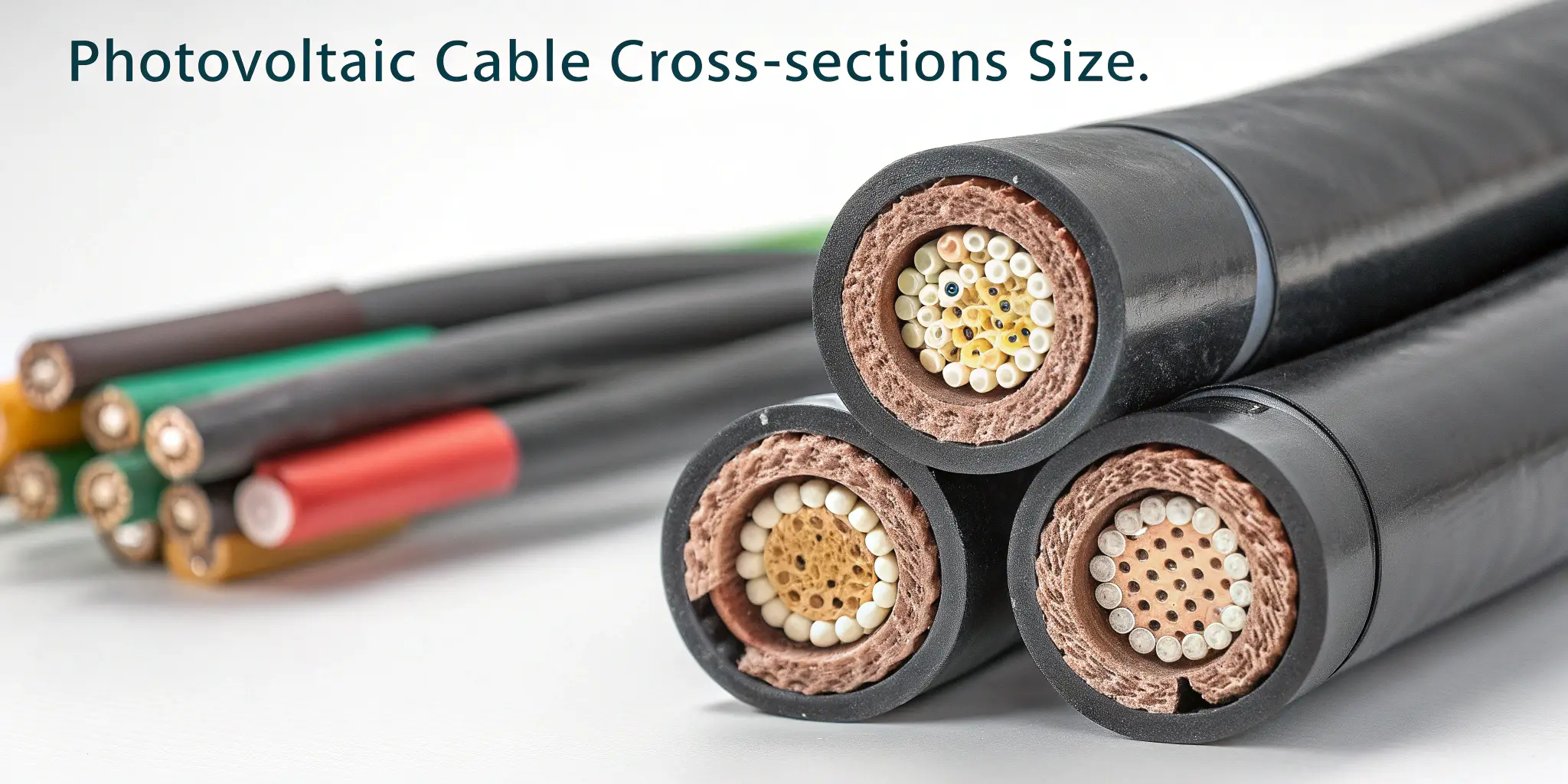 Cross-sections of photovoltaic solar cables in various sizes and colors