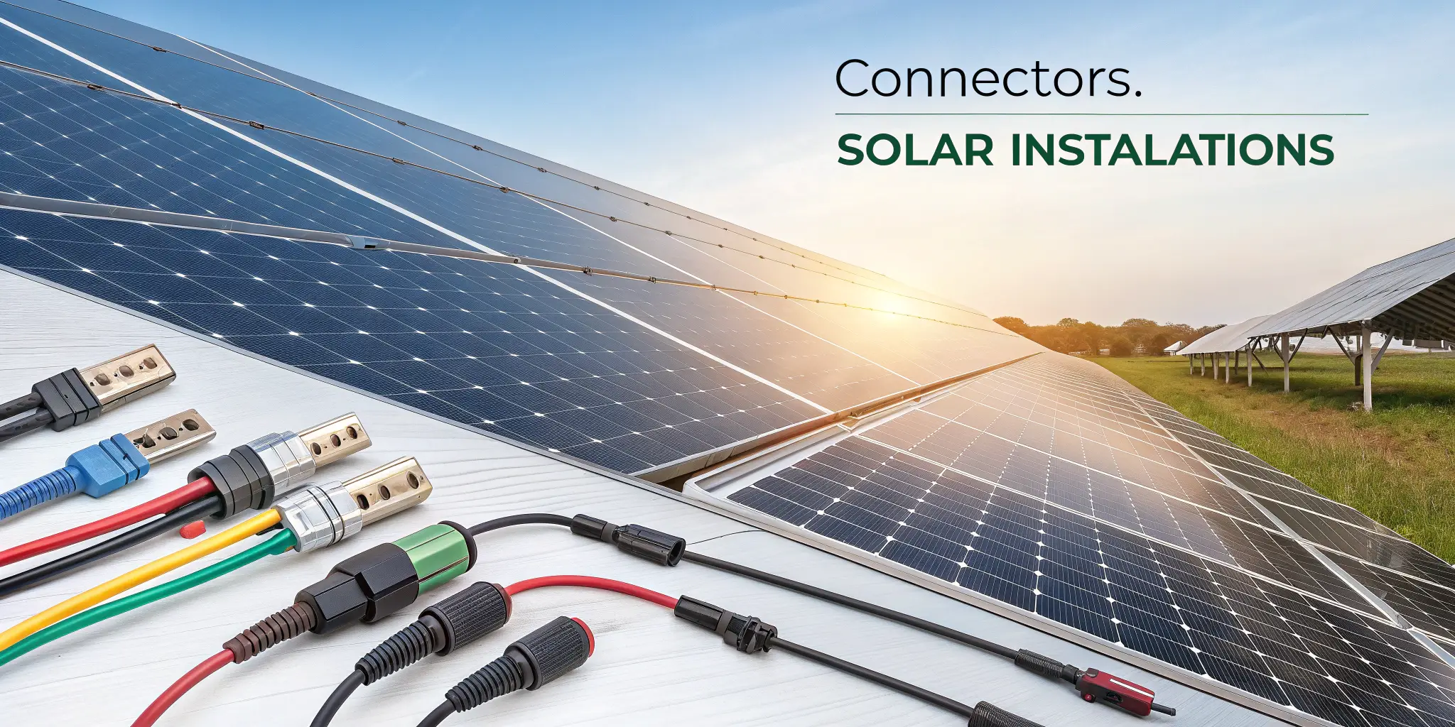 Assorted connectors and cables for large scale solar panel installations at sunrise