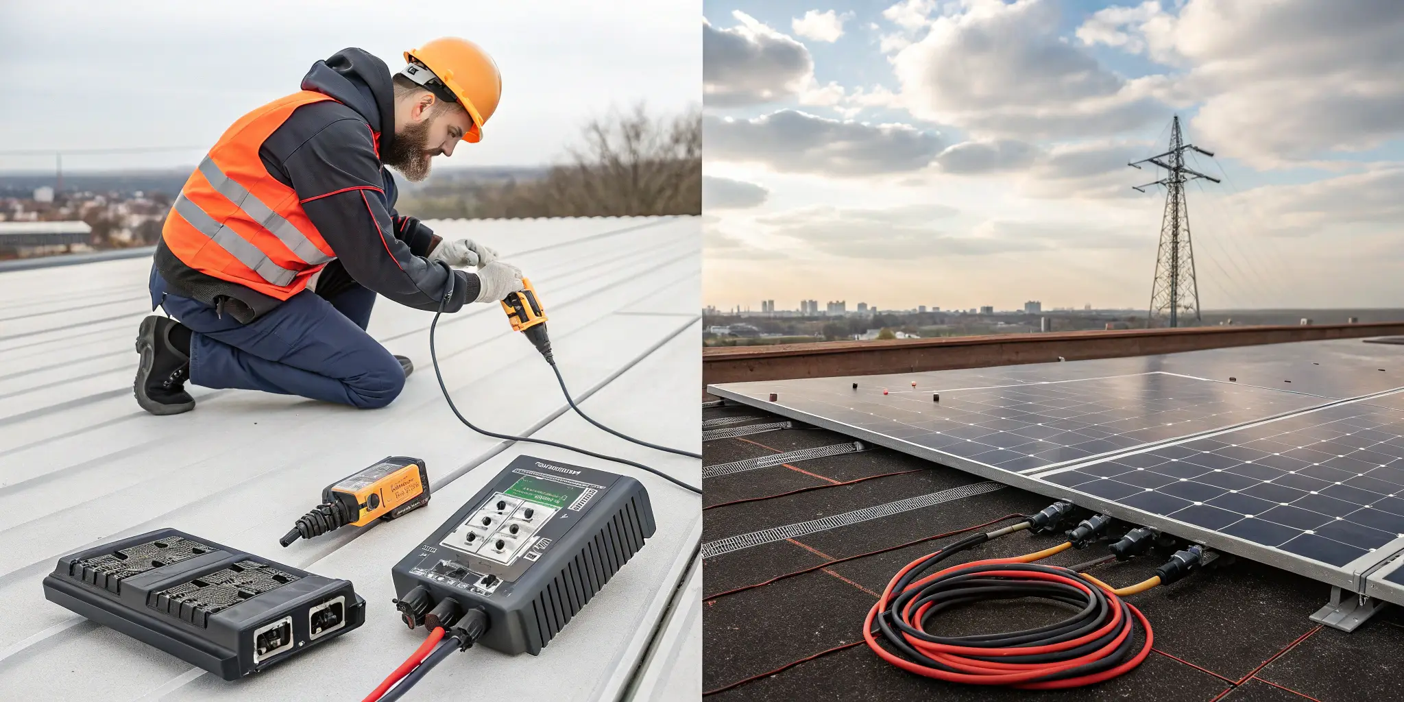 pv cable testing and rooftop wiring setup, solar connection tools