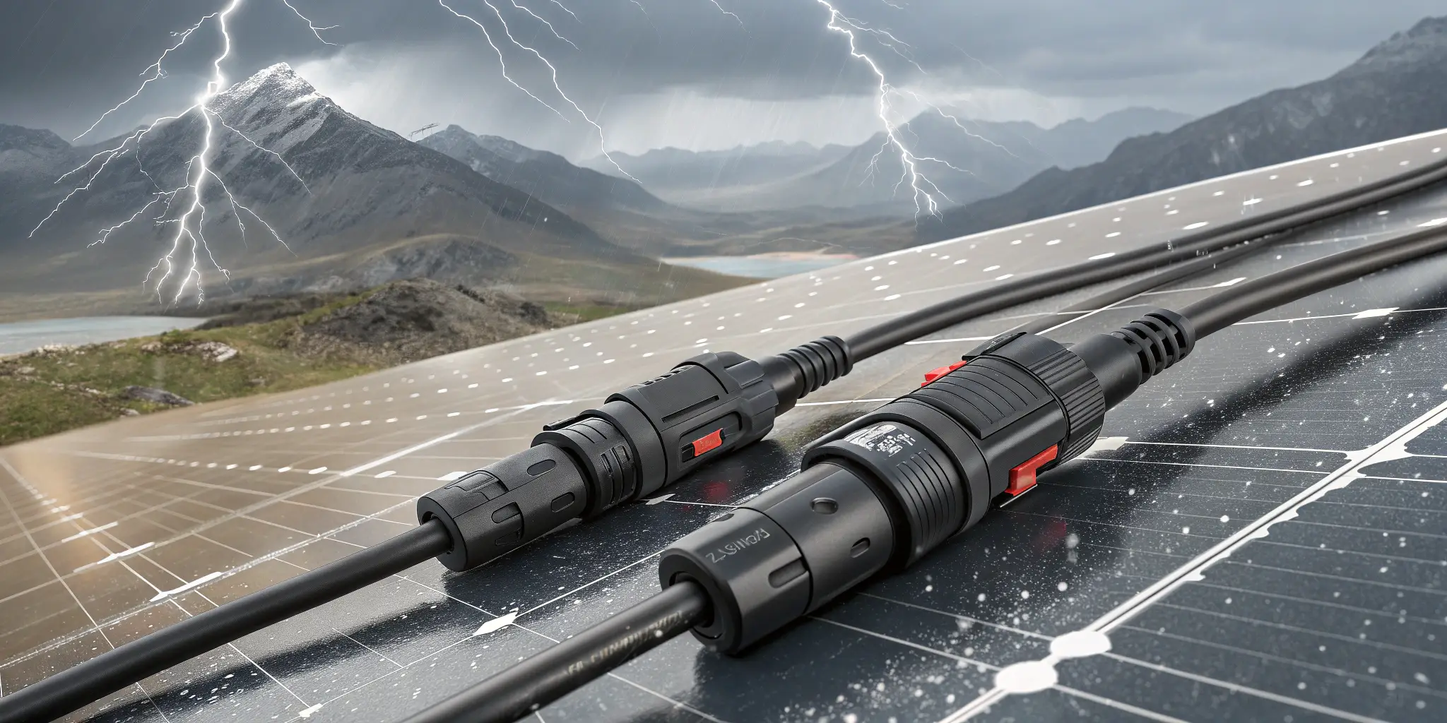 Weatherproof solar panel connectors with lightning protection on stormy mountain site