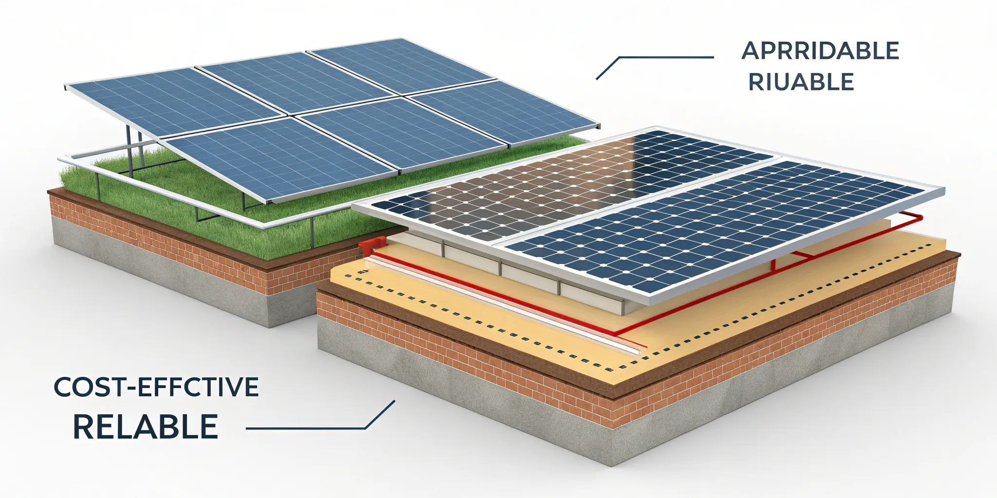 Reliable panels 3D comparison of cost-effective reliable solar panels on green roof versus standard installati