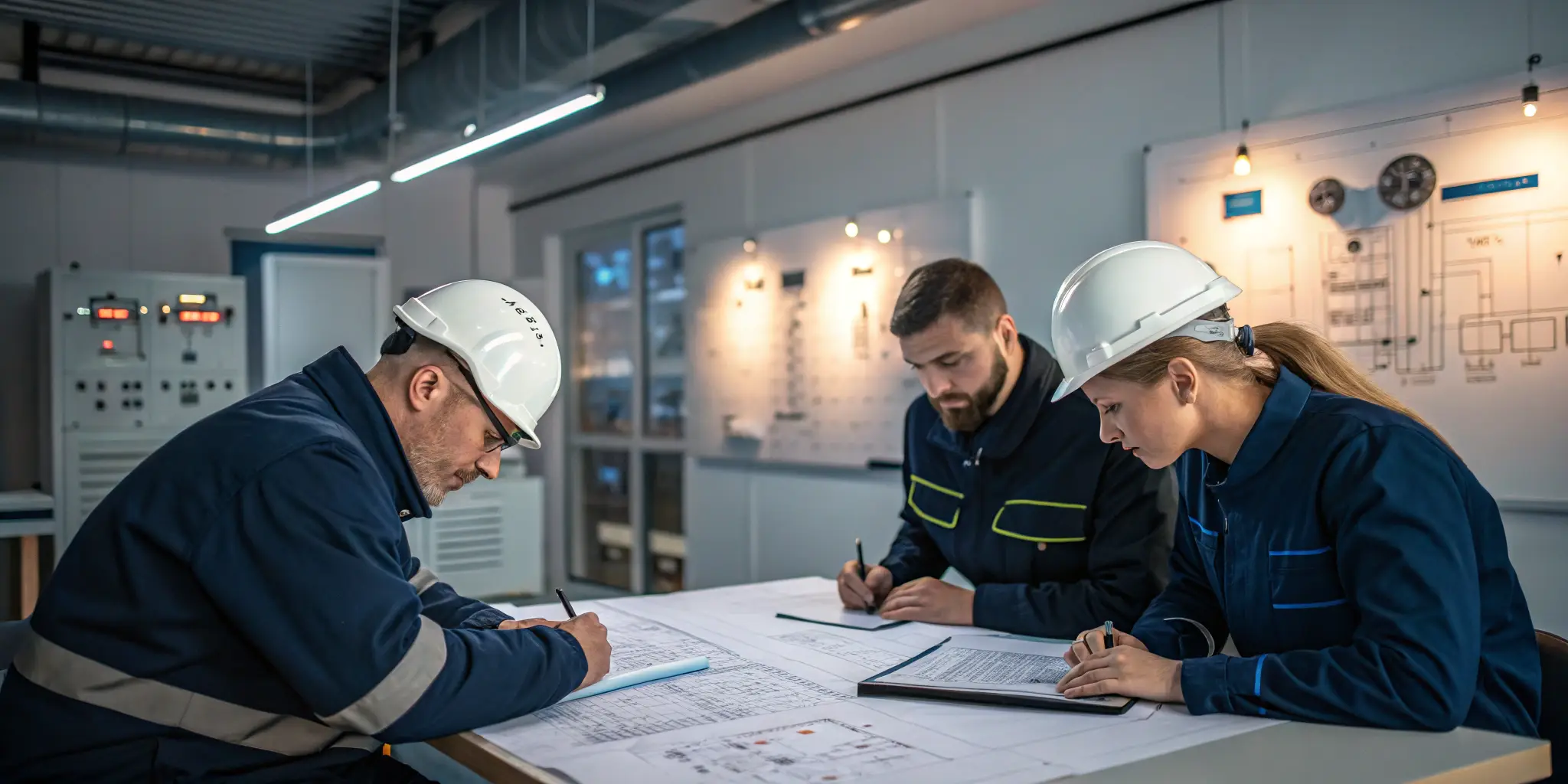 Engineers in hard hats reviewing technical blueprints in control room meeting