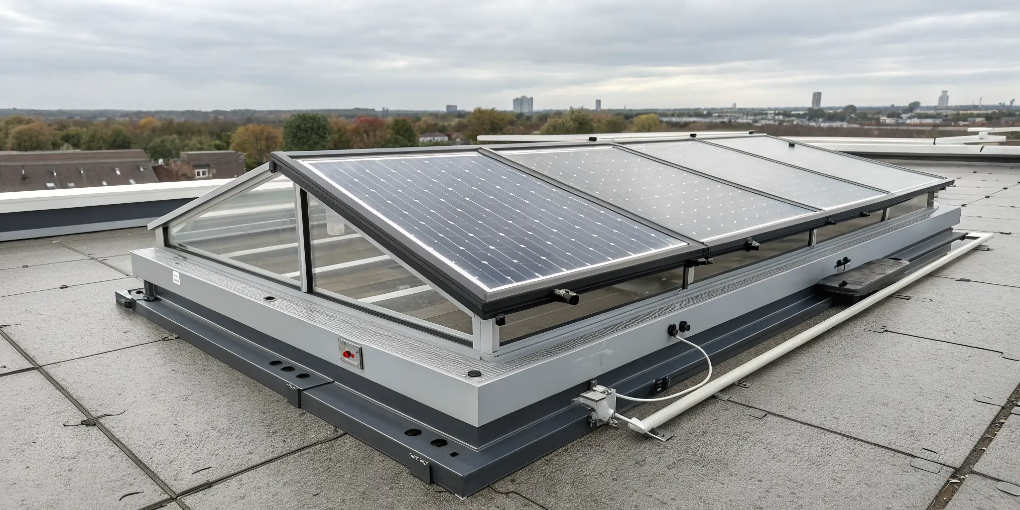 Rooftop skylight structure integrated with adjustable solar panels on flat roof