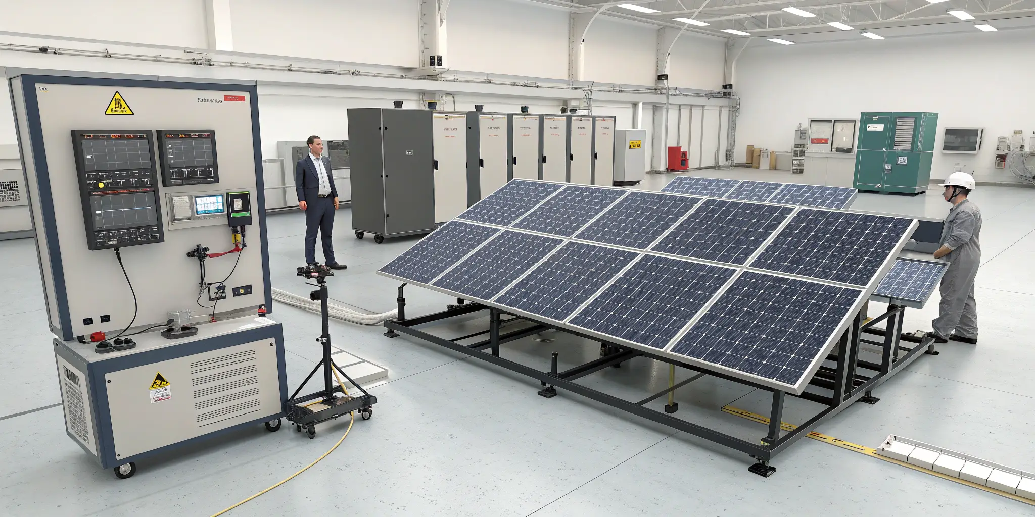 Engineers testing solar panel array indoors using advanced inverter and monitoring equipment