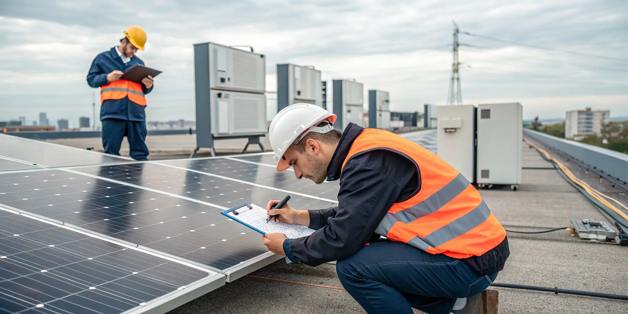 Engineers inspecting rooftop solar panels and recording performance data on clipboards
