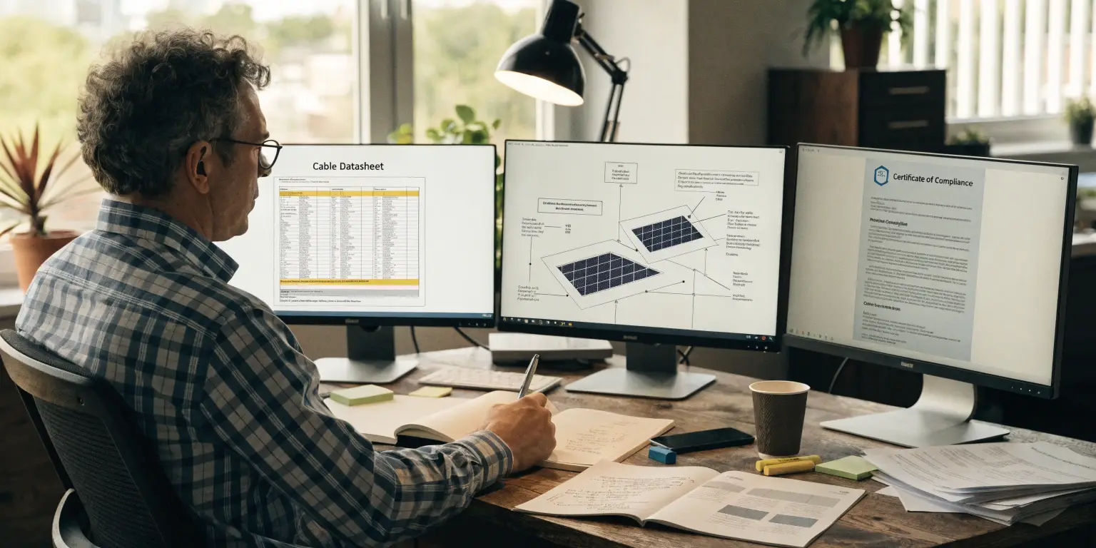 engineer analyzing solar cable datasheet and PV system design on multiple monitors
