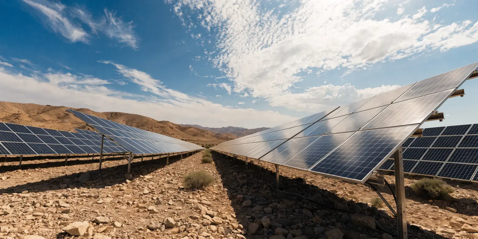 Ground-mounted solar panel array in rocky desert landscape under blue sky