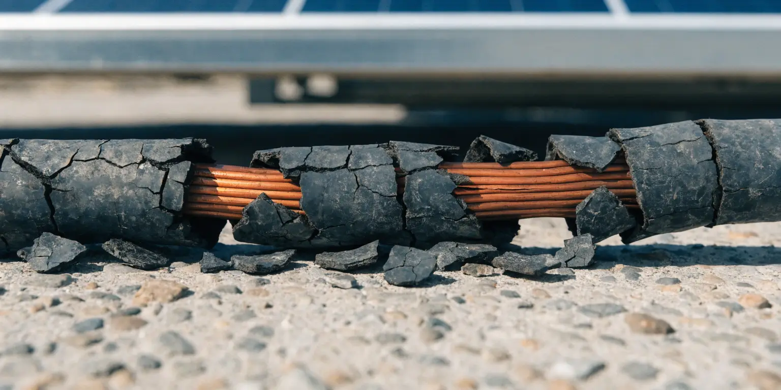 Close up of cracked solar cable insulation exposing copper conductor on rooftop