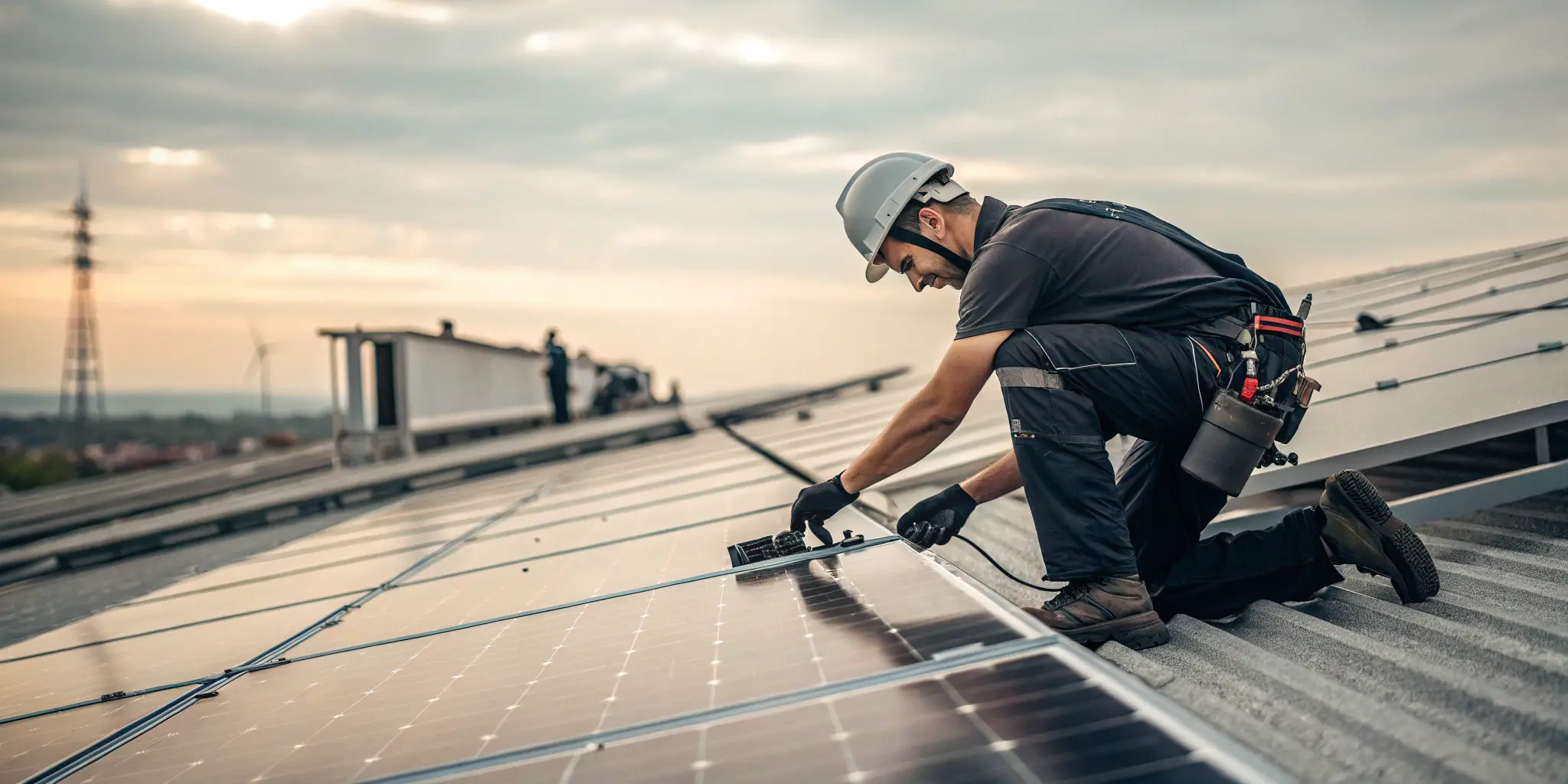 solar technician installing rooftop panel connectors, solar installation work