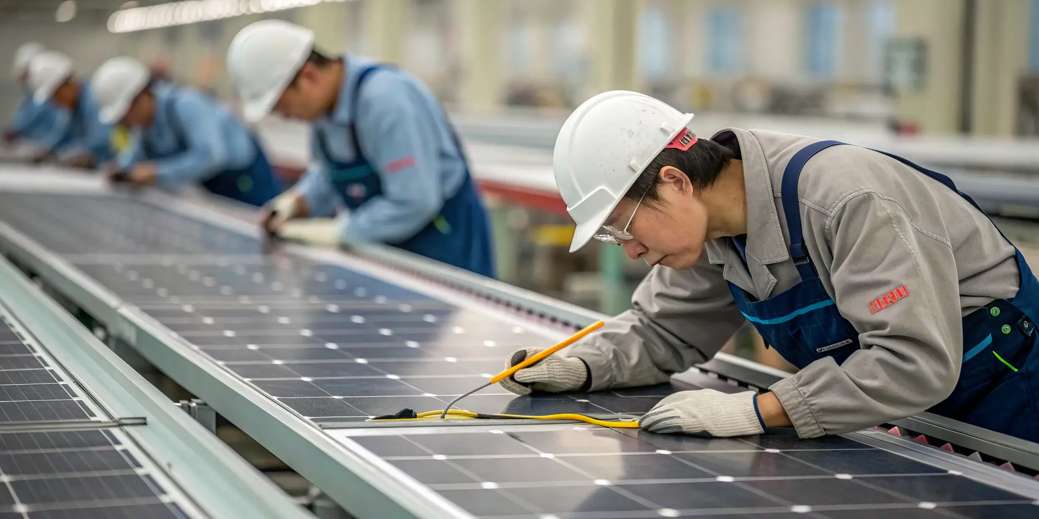 Factory workers inspecting and wiring solar panels on production line
