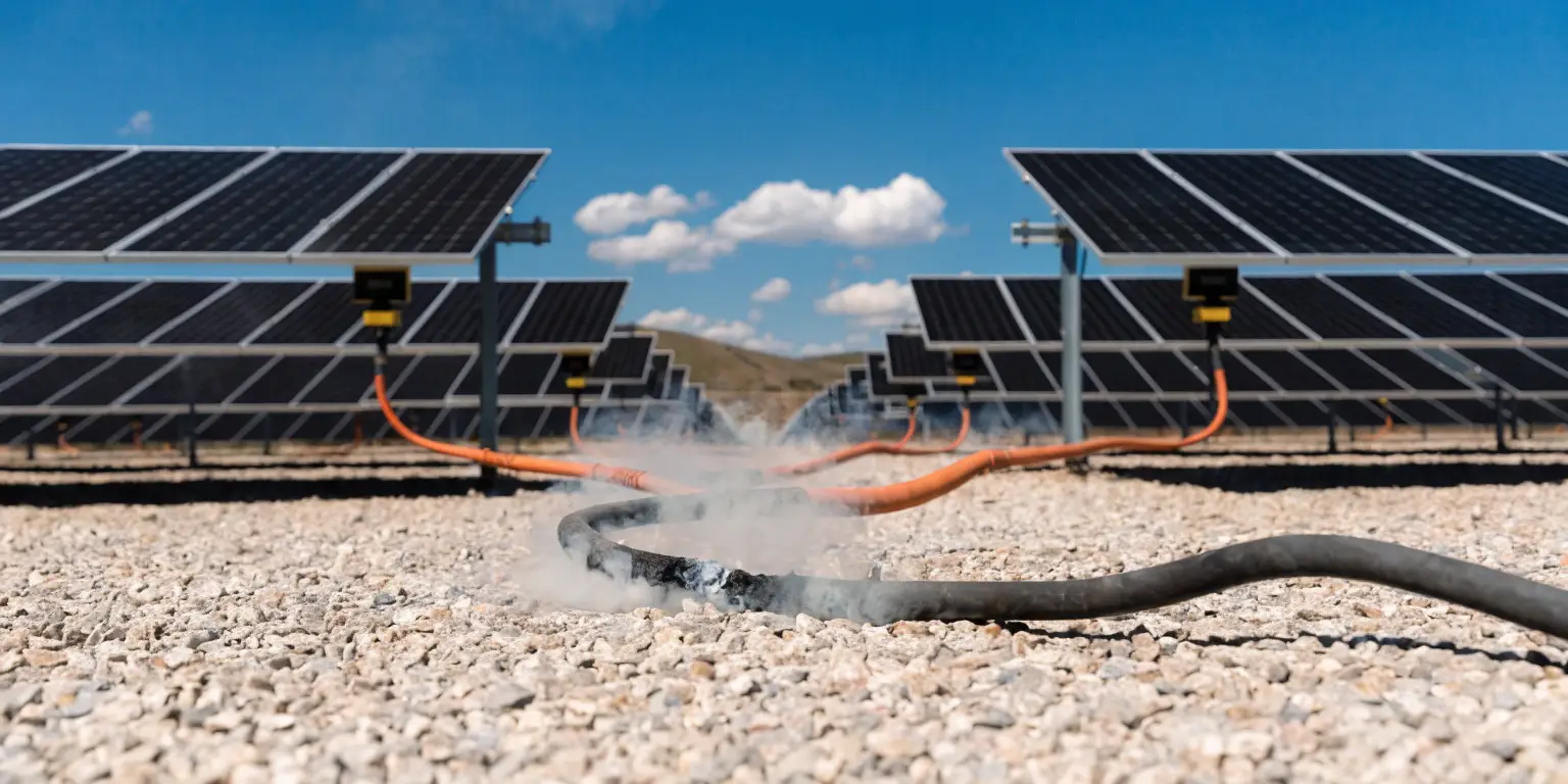 overheated solar cable failure in PV system causing smoke and damage