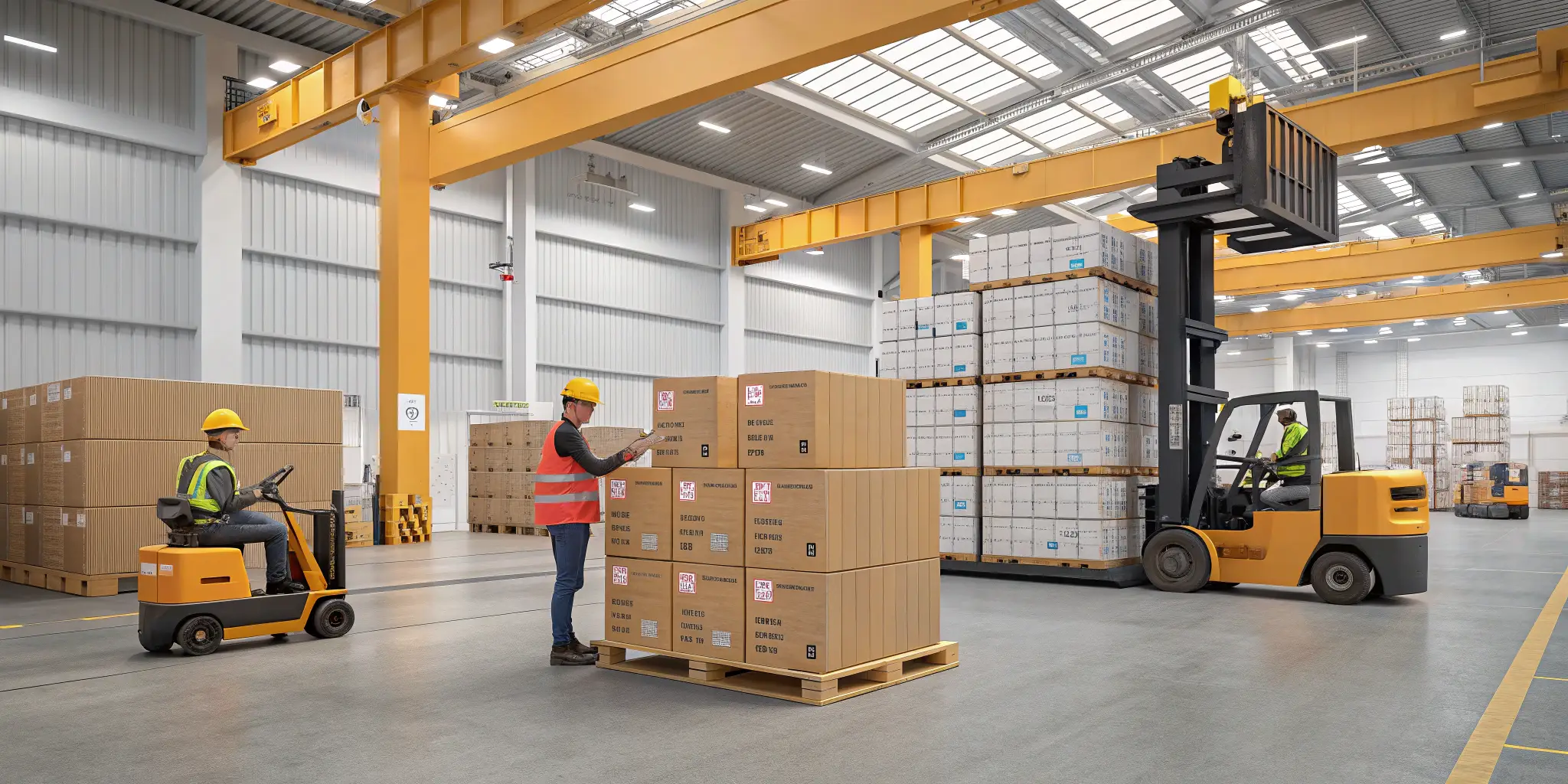 Warehouse workers using forklifts to move and stack pallets of cardboard boxes