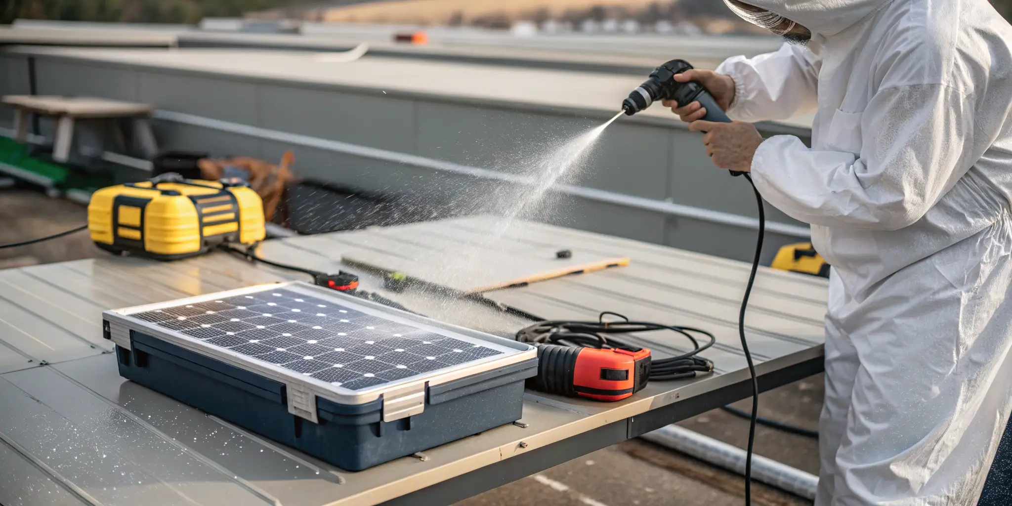 technician cleaning solar panel during maintenance inspection