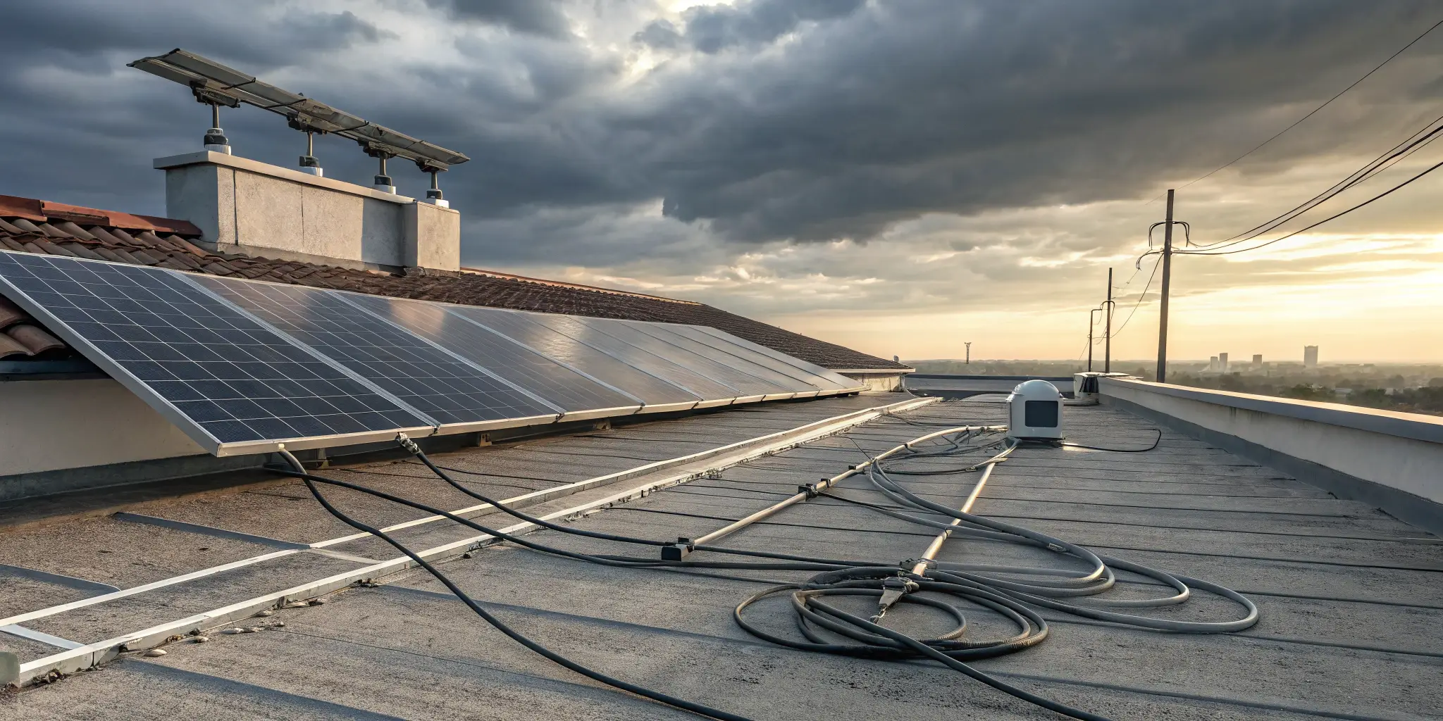 Residential rooftop solar panels with cables under stormy sunset sky