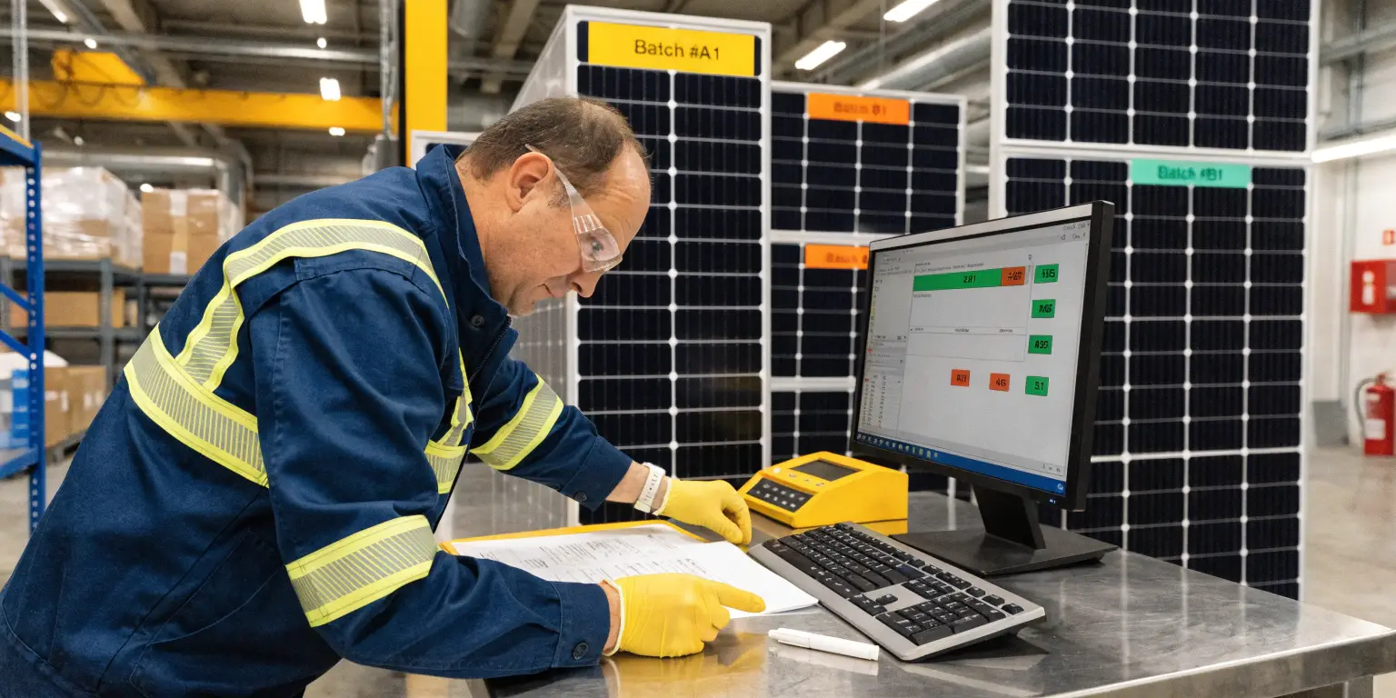 technician performing quality control inspection on photovoltaic solar panels with digital monitoring system