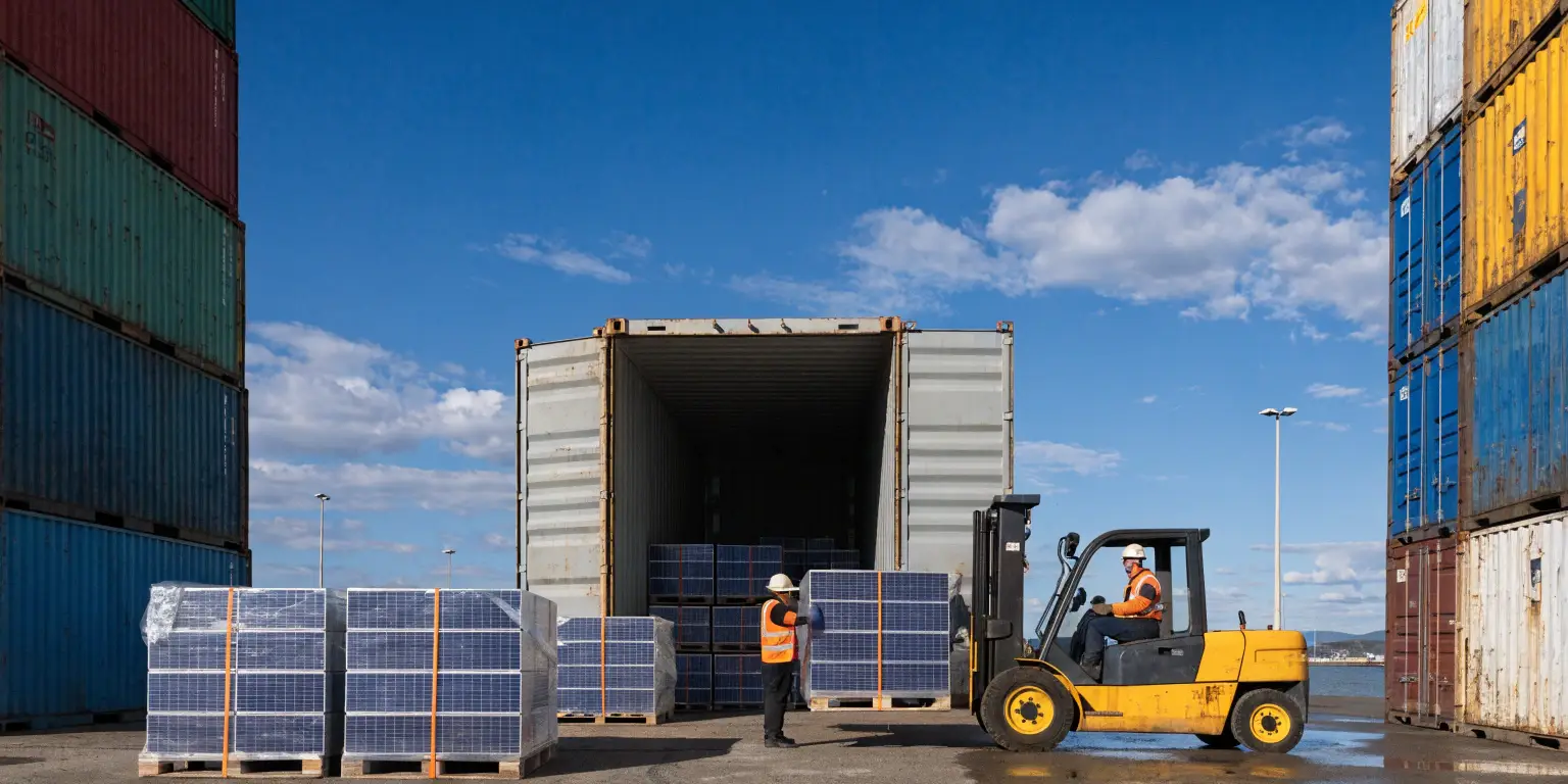 Forklift loading palletized solar panels into shipping container at port