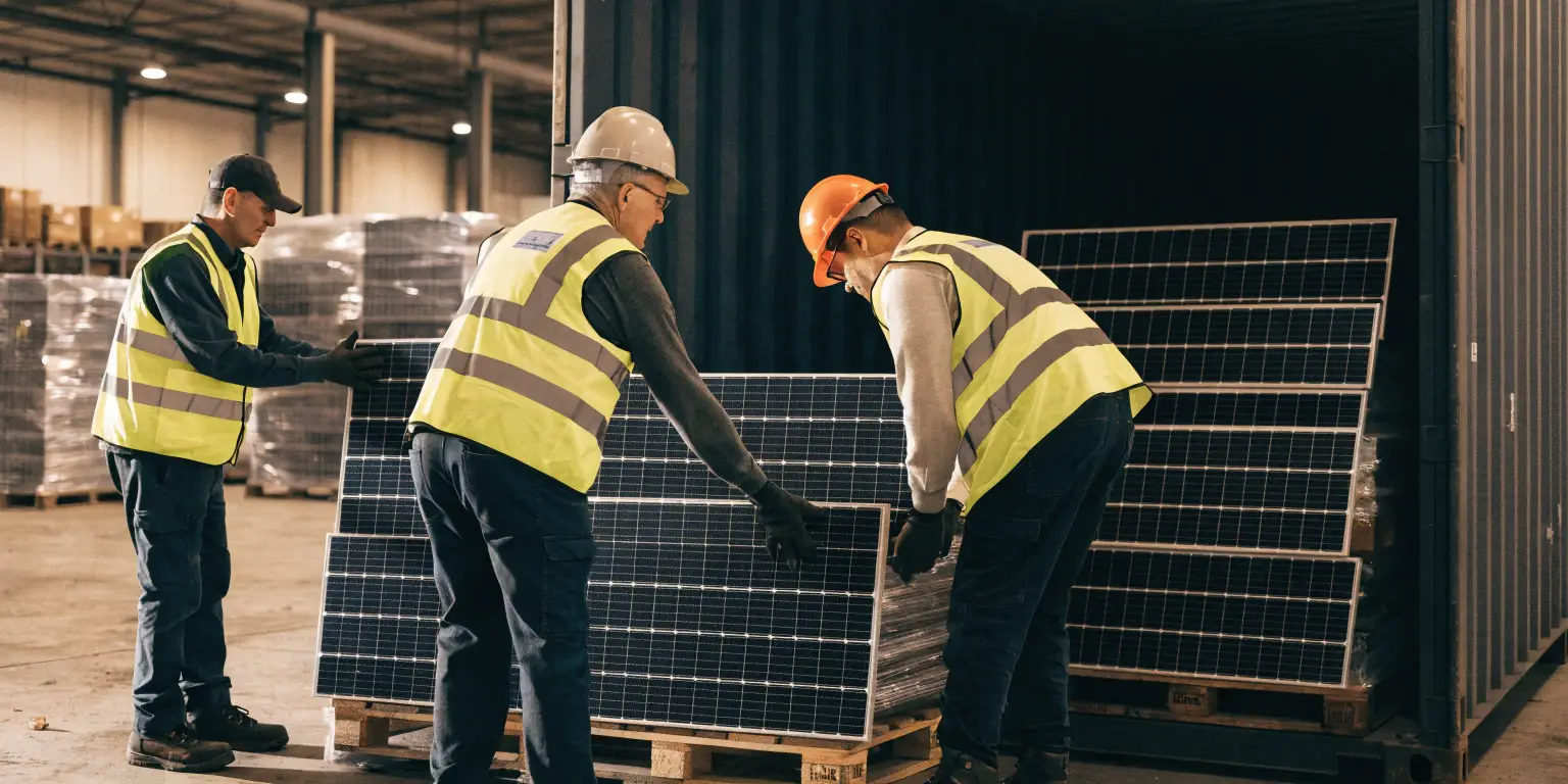 Warehouse workers loading solar panels into shipping container for export