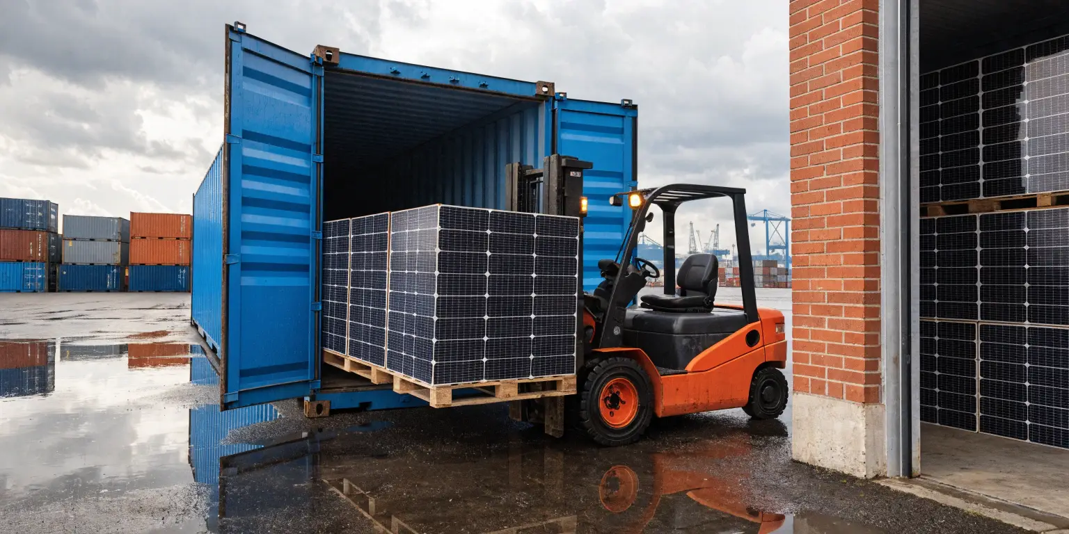 Forklift loading palletized solar panels into blue shipping container at port
